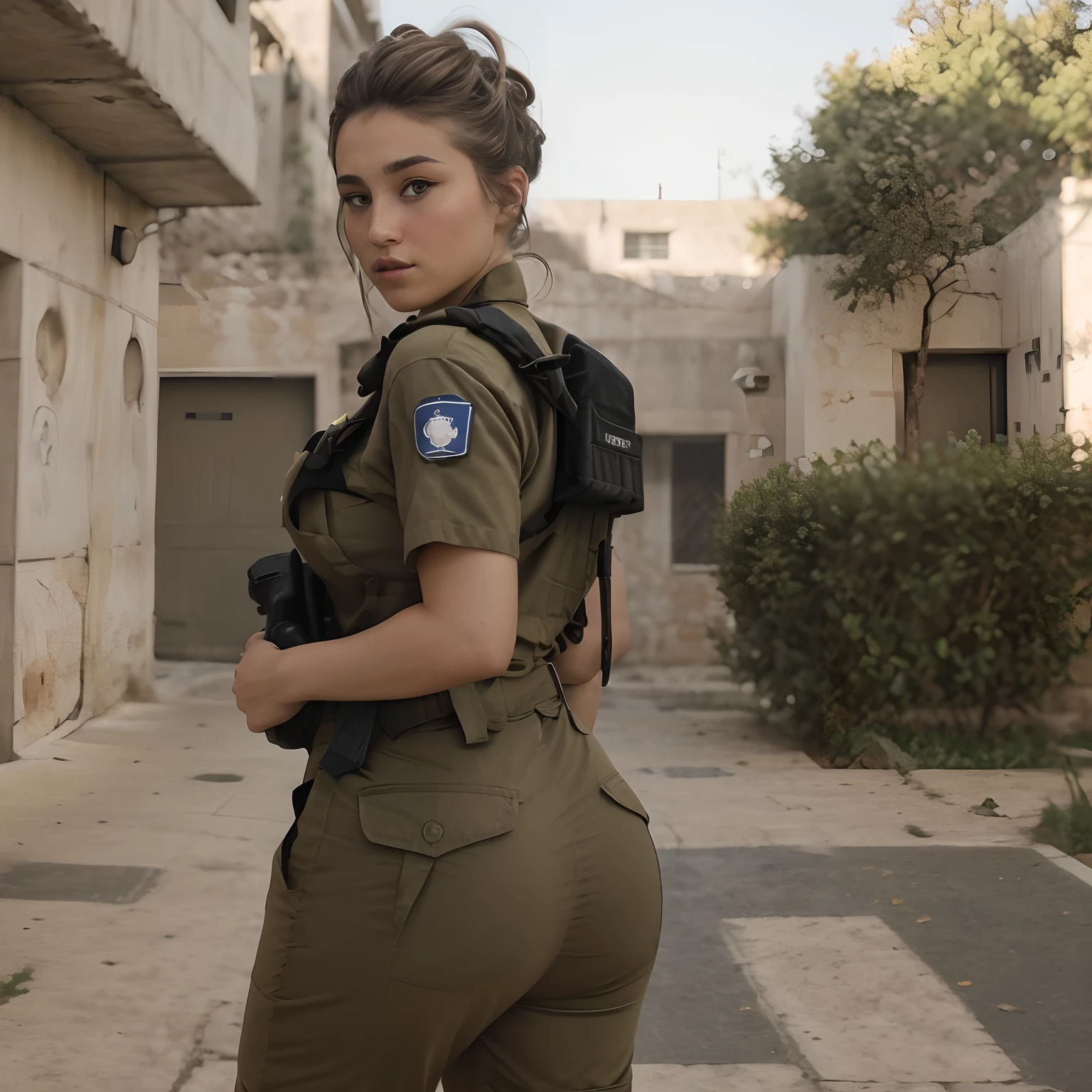 RAW photo, Fadeev , full bodyesbian, Natural skin, 8K UHD, High quality, filmgrain, Hair in a bun, israeli uniform, battlefiled,Tactical moves,facing away from the audience,a plump buttocks