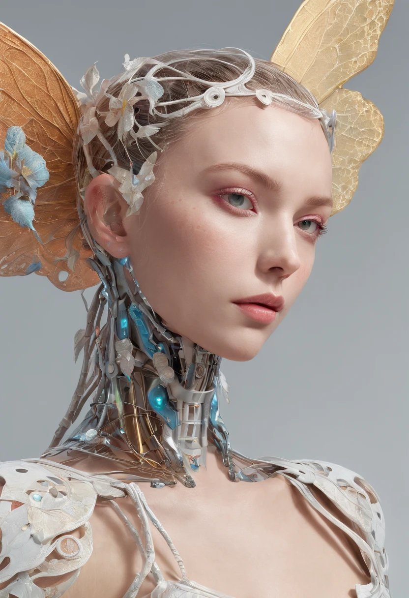 Complex 3d rendering super detailed beautiful robot angel, simulated 150mm lens, beautiful natural soft edge light, Neon glow, large leaves and stems, bees, roots, fine leaf lace, colorful details, Boris Bidjan Saberi clothing, pearl earrings, piercings, Art Nouveau fashion embroidery, intricate details, mesh lines, mandelbro fractals, facial muscles, cables, microchips, surreal, ultra-detailed, octane rendering, volumetric lighting, 8k post