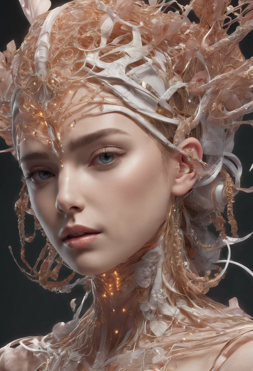 Complex 3d rendering super detailed beautiful robot angel, simulated 150mm lens, beautiful natural soft edge light, Neon glow, large leaves and stems, bees, roots, fine leaf lace, colorful details, Boris Bidjan Saberi clothing, pearl earrings, piercings, Art Nouveau fashion embroidery, intricate details, mesh lines, mandelbro fractals, facial muscles, cables, microchips, surreal, ultra-detailed, octane rendering, volumetric lighting, 8k post
