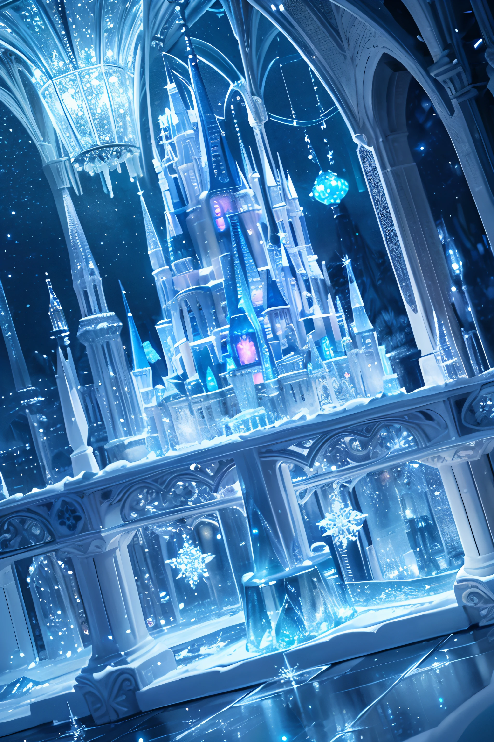 high-res, fantasy, glowing lights, intricate details, frozen sculptures, shimmering reflections, surreal atmosphere, icy textures, magical ambiance, ethereal beauty, majestic architecture, enchanted enchantment, snow-covered grounds, winter wonderland, whimsical serenity, sparkling crystals, frosty enchantment, fairytale-like setting.