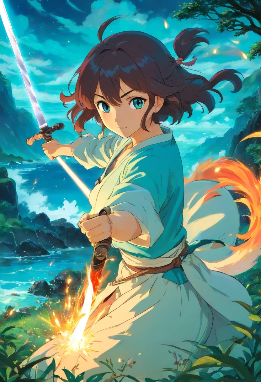 uma mulher usando uma espada de anime, uma espada de fogo , no estilo de paisagens de jardim tranquilas, animated color photos, Masami Teraoka, aquamarine, Paulo Gauguin, Estilo Embry, retrato honesto