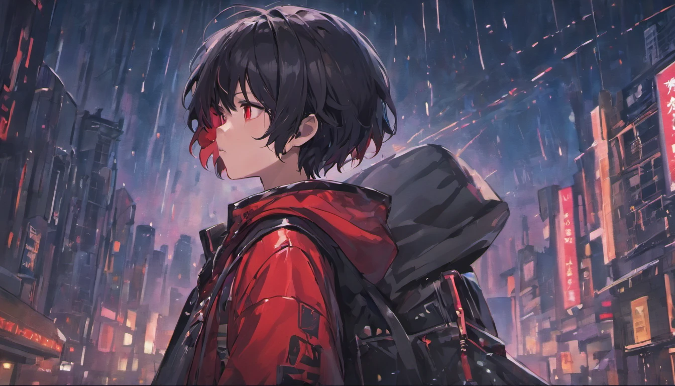 (masterpiece) , (best quality) , (ultra - detailed) , young cute boy , short black hair , red starry eyes , wear black jacket with hood , bring black assault rifle , front look , walking , wear black military hat , cyberpunk city , rainy , evening , the upper part of the body