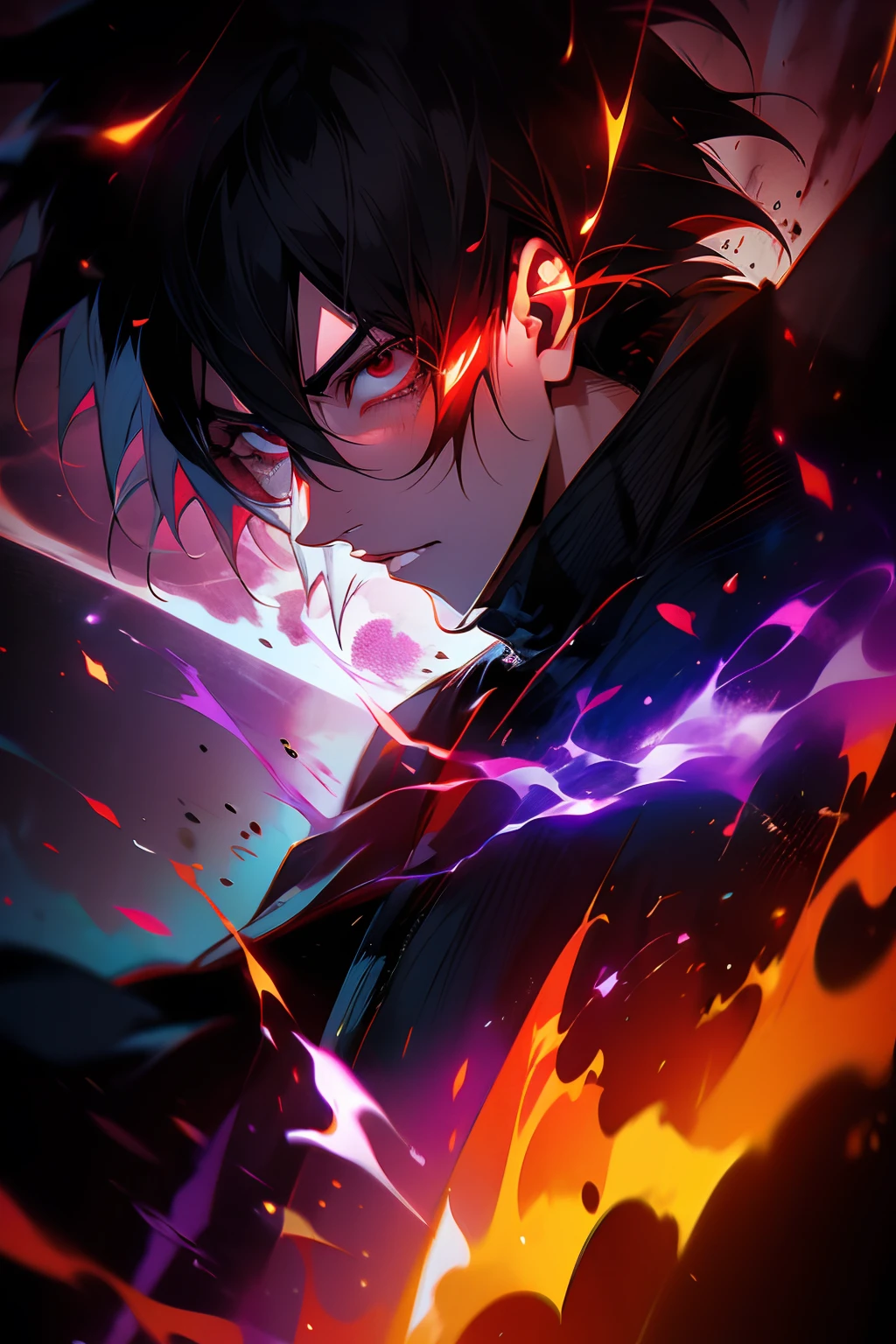 ' Create a powerful wallpaper that showcases the strength and charisma of (("Itachi Uchiha")). Itachi should be depicted in a formidable and captivating pose, with his Sharingan activated and Amaterasu flames in the background. Ensure the wallpaper exudes an aura of power and captivates the viewer with its intensity.