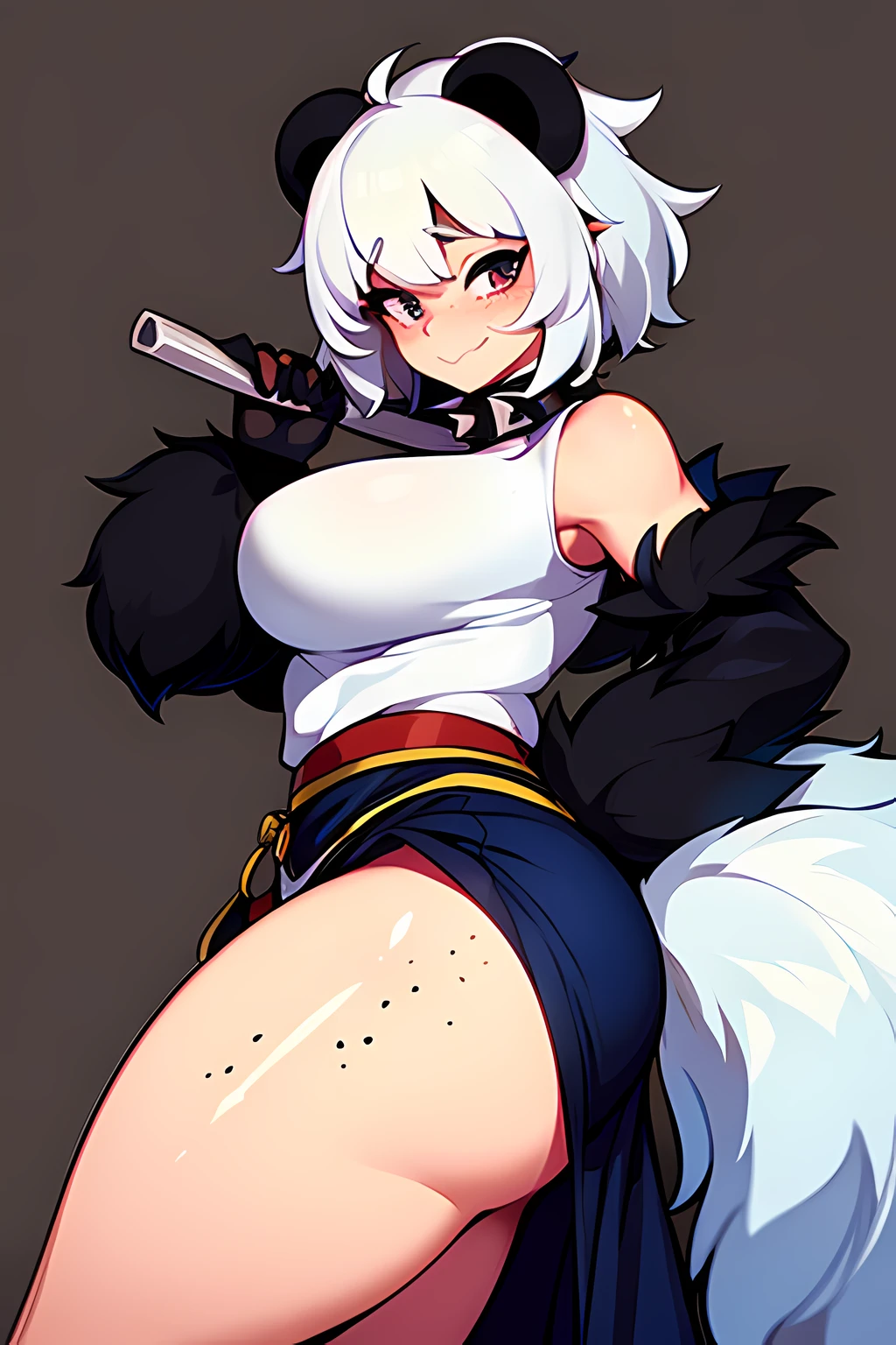 1panda girl, short fluffy white hair, hair covers eye, freckles, big butt, blushing, long skirt, spiked collar, teasing face, medieval, martial artist