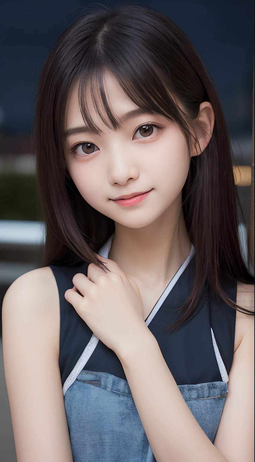 masutepiece, Best Quality, 8K, ars old, Teen, Raw photo, absurderes, award winning portrait, Smile, Solo, (Night:1.8), Idol face, Delicate girl, Upper body, Digital SLR, Looking at Viewer, Candid, Sophisticated,Thin arms, Professional Lighting, Film grain, chromatic abberation, (Eyes and faces with detailed:1.0), (Bokeh:1.1) , (Hanfu:1.1) , closes mouth
