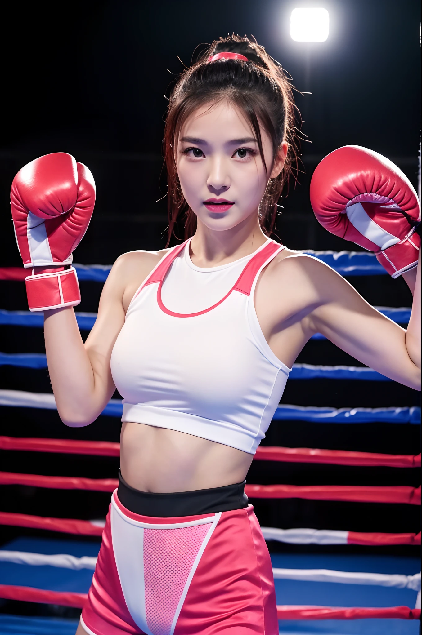 (8K, Raw photo, Best Quality, masutepiece:1.2), (Realistic, Photorealsitic:1.37),1 girl,Cute, (Solo),A detailed face, Dramatic Angle,
,boxing uniform,Look away,Sporty,Wet skin,Sweat,small breasts,Nice　Legs,boxing venue  ,blonde long hair, midshot, centered image, ultra detail, extremely face detail, extremely eye detail, eyes on viewer, eyes on camera, with boxing gloves