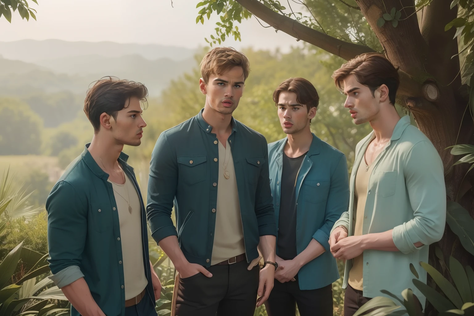year: 2023. Location: Texas. Pre-Raphaelite scene with a Theo James, Dominic Sherwood, Matthew Daddario and Aldred Enoch together in a masive tree house, ((sad look)), ((((casual Clothing from the 2020s)))) ((Hairstyle of the 2020s)), pastel colors, (((cinematic style)))