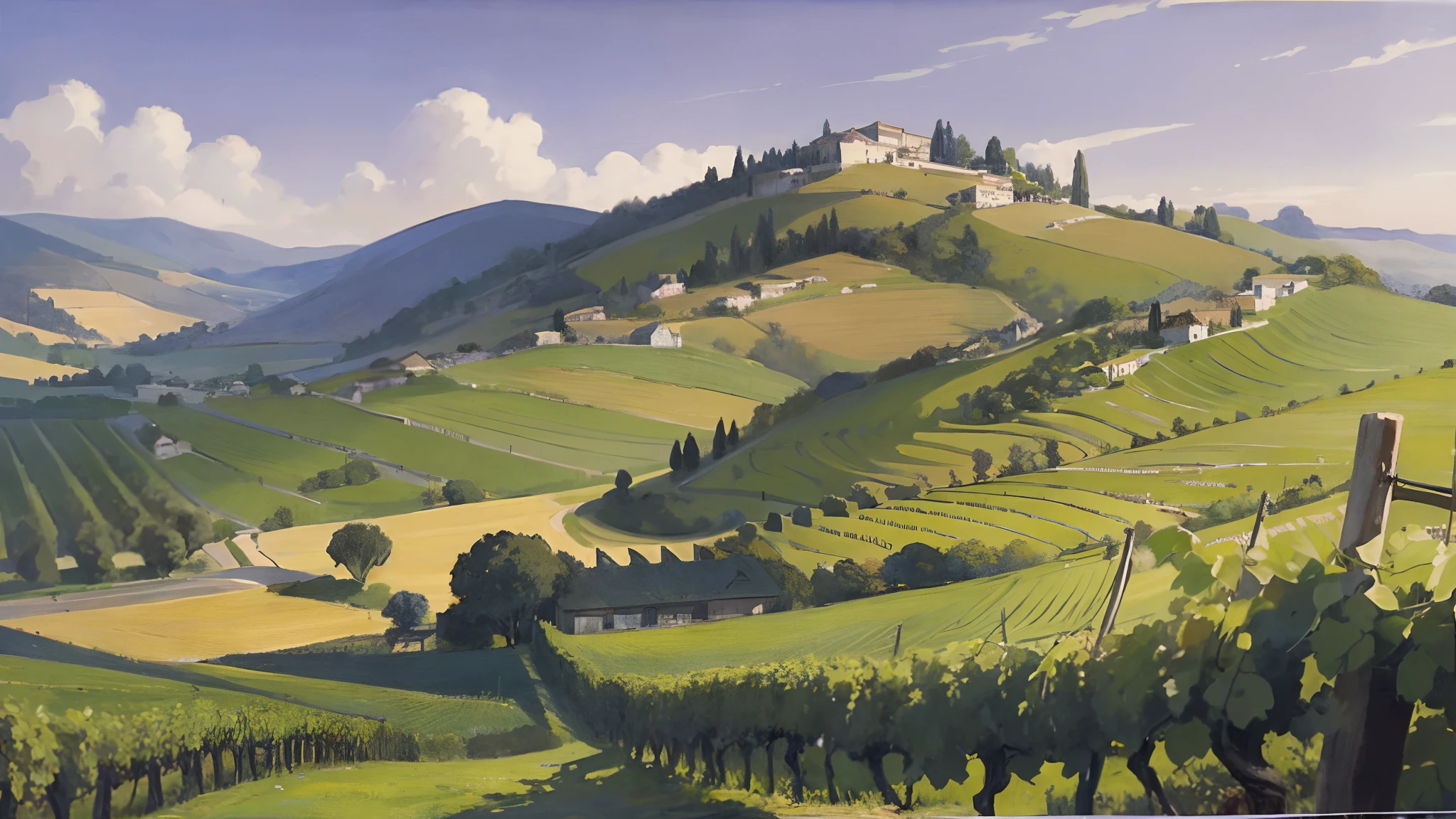 Panoramic, painted drawing of a vineyard nestled in rolling hills, (grapes, grapevines:1.1), winery, flowers, italian feel, French feel, Mediterranean, deep color, idyllic sky, rich beauty, natural splendor, romanticism, by Howard Pyle