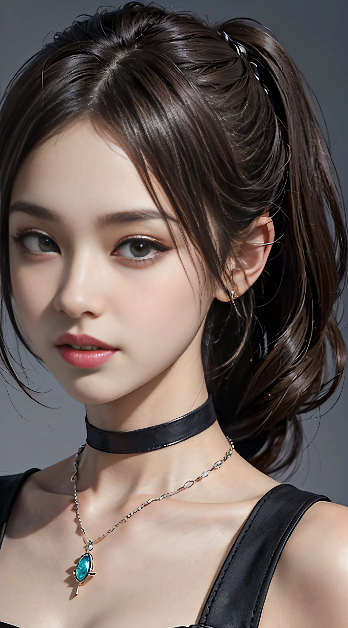 ((masterpiece:1.4)、(top-quality:1.4)、(reallistic:1.7))、masuter piece:1.4、Kawaii Girl、Portrait photos、Close-up photos、Upper body photography、beautiful countenance、defiance、dark backgrounds、Narrow waist、poneyTail、Raw photo、red-lips、a choker:1.4、a necklace:1.4、耳Nipple Ring:1.4、1 screen display、