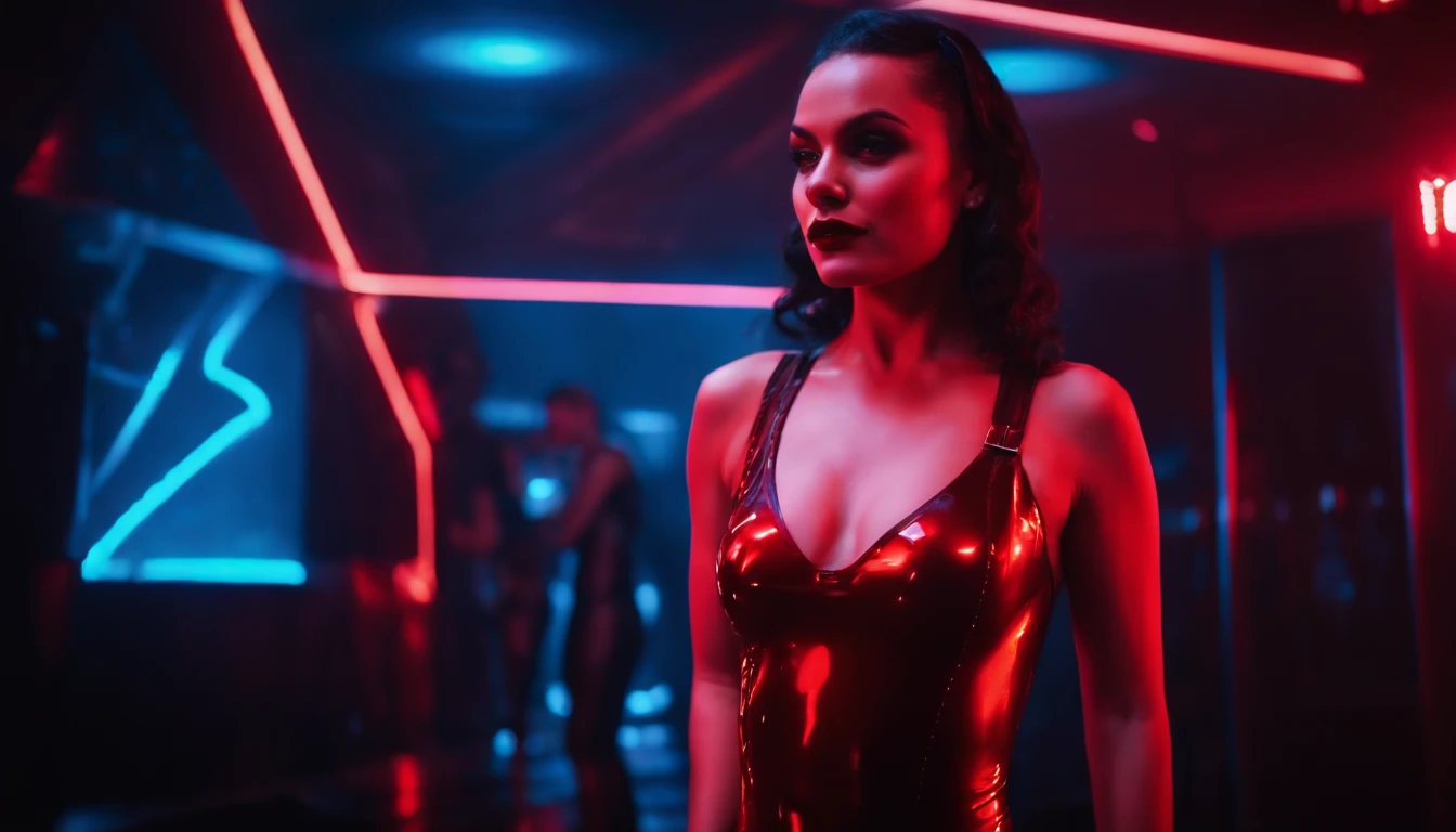 woman drssed in latex leotard standing in a club at night, people dancing in the background, red neon lights, ultra detailed.