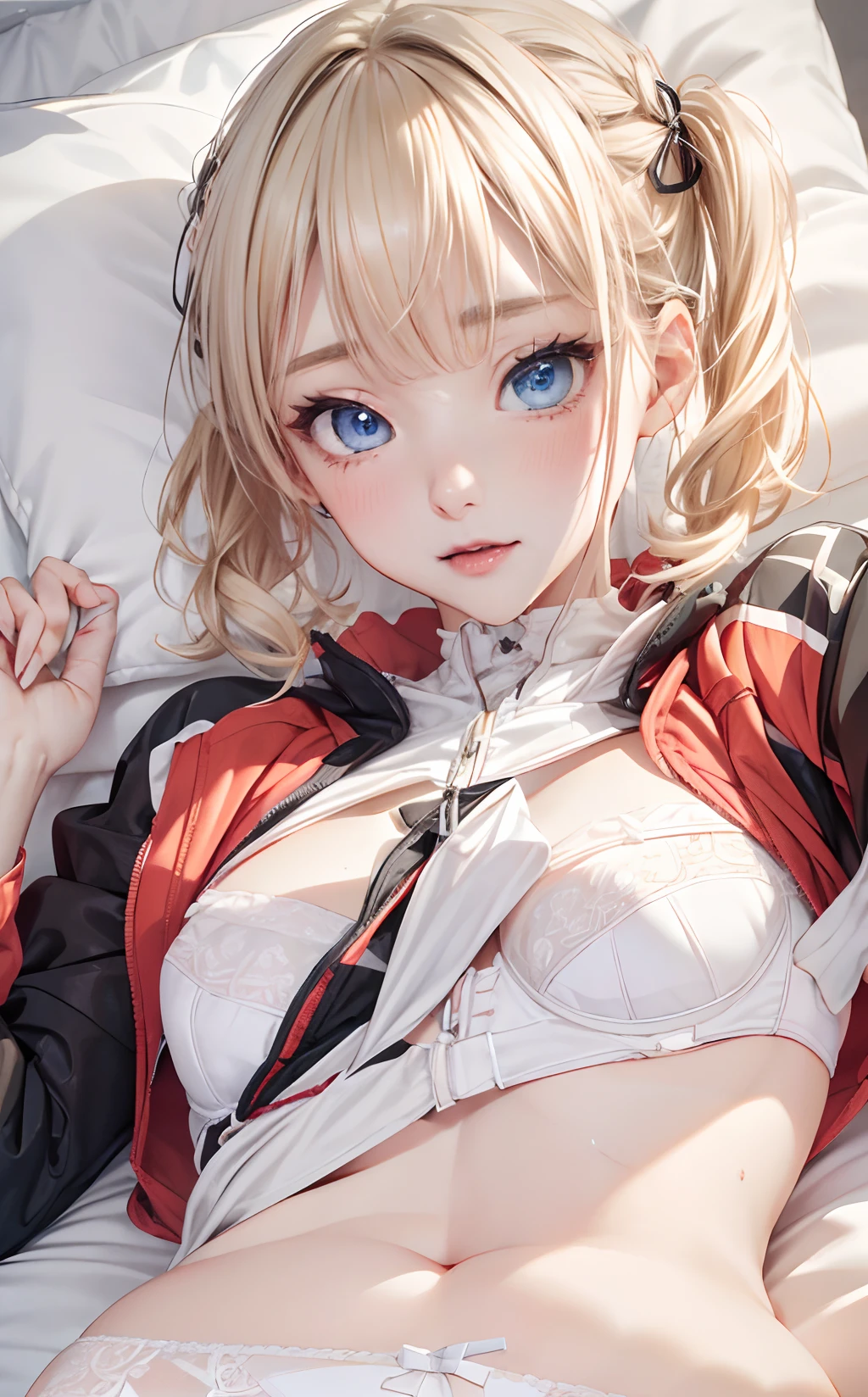 absurderes, ultra-detailliert,bright colour, extremely beautiful detailed anime face and eyes, (Looking at Viewer),Short hair, , asymmetrical bangs, (Blonde hair with short twin tails), Shiny hair, Delicate beautiful face, red blush、Blue eyes, White skin, hair clips, (Black sexy underwear:1.5)、(Seductive face:1.5),Shiny hair,(Morning Bedroom)、(sun light)、(Lying on your back in bed:1.3),Upper body