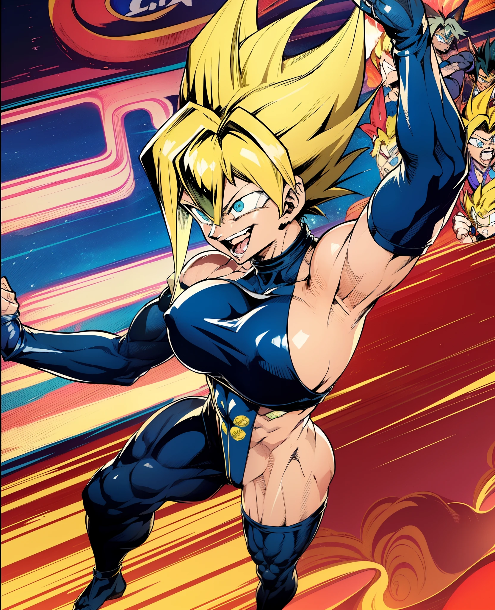 Marle Barrock,  {((foto de corpo inteiro, flat feet, corpo reto, 1mulher, sozinha, Estilo anime de Dragon Ball)), sorriso louco, cabelos espetados, cabelo alto, Diamante gradiente amarelo da cor do cabelo, blonde hair, Estilo SSJ2, super saiyajin, super Sayajin 2, Estilo anime de Dragon Ball, alto detalhe, anime, detalhe todo o corpo.