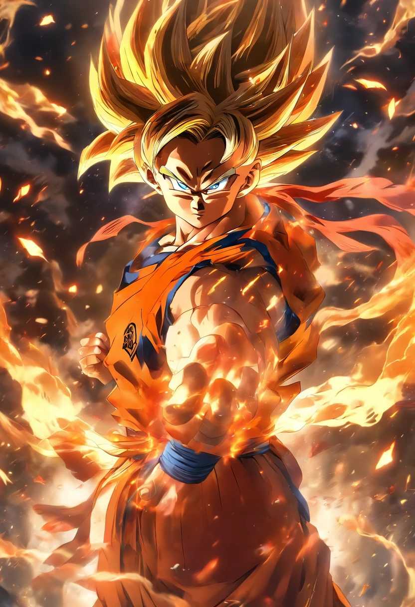 China-style,中景 the scene is,Goku was standing in front of the huge firebird with outstretched wings,massive wings,Reach Out,long messy hair,efeitos de brilho,hyper-realistic,Ultra foto Realsisim,estilo de sombra chinesa,ardente,vermelho,mancha,sombra,8k,super-fino,qualidade superior,(((renderizador OC)))
