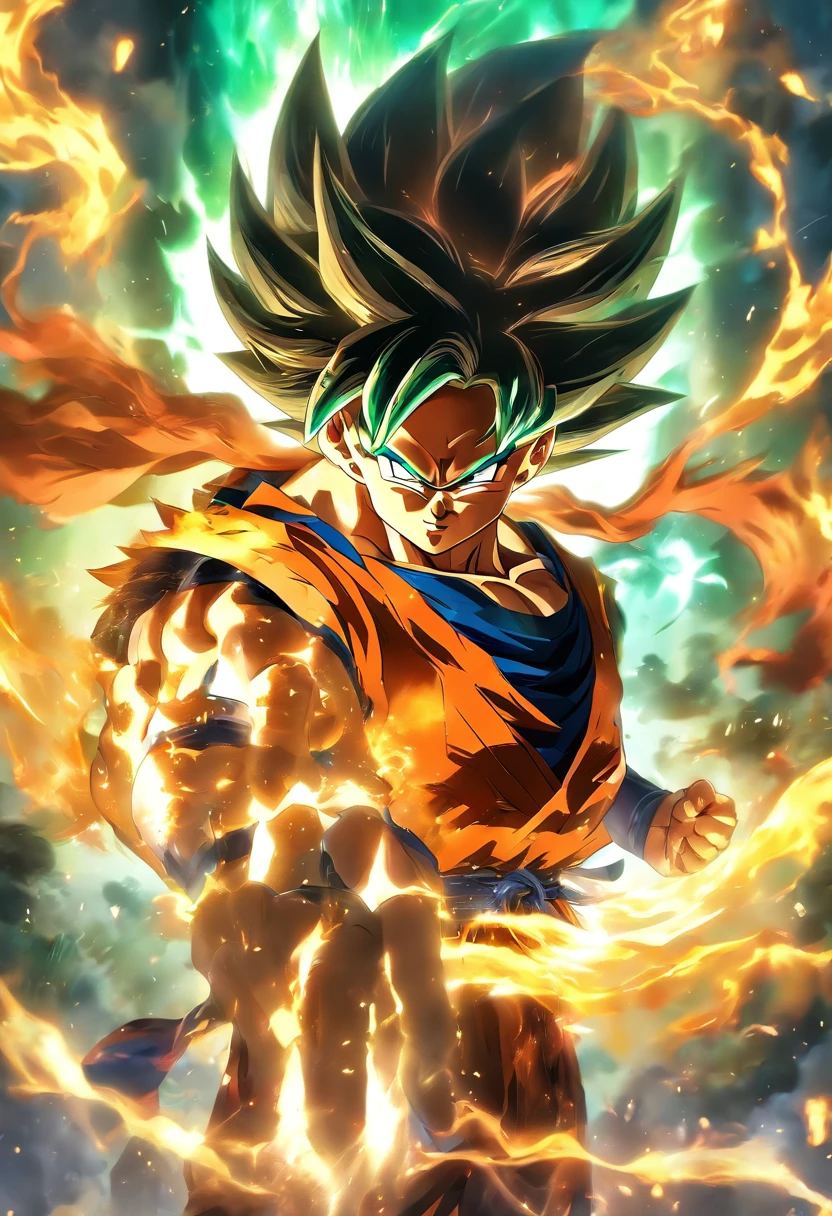 China-style,中景 the scene is,Goku was standing in front of the huge firebird with outstretched wings,massive wings,Reach Out,long messy hair,efeitos de brilho,hyper-realistic,Ultra foto Realsisim,estilo de sombra chinesa,ardente,vermelho,mancha,sombra,8k,super-fino,qualidade superior,(((renderizador OC)))