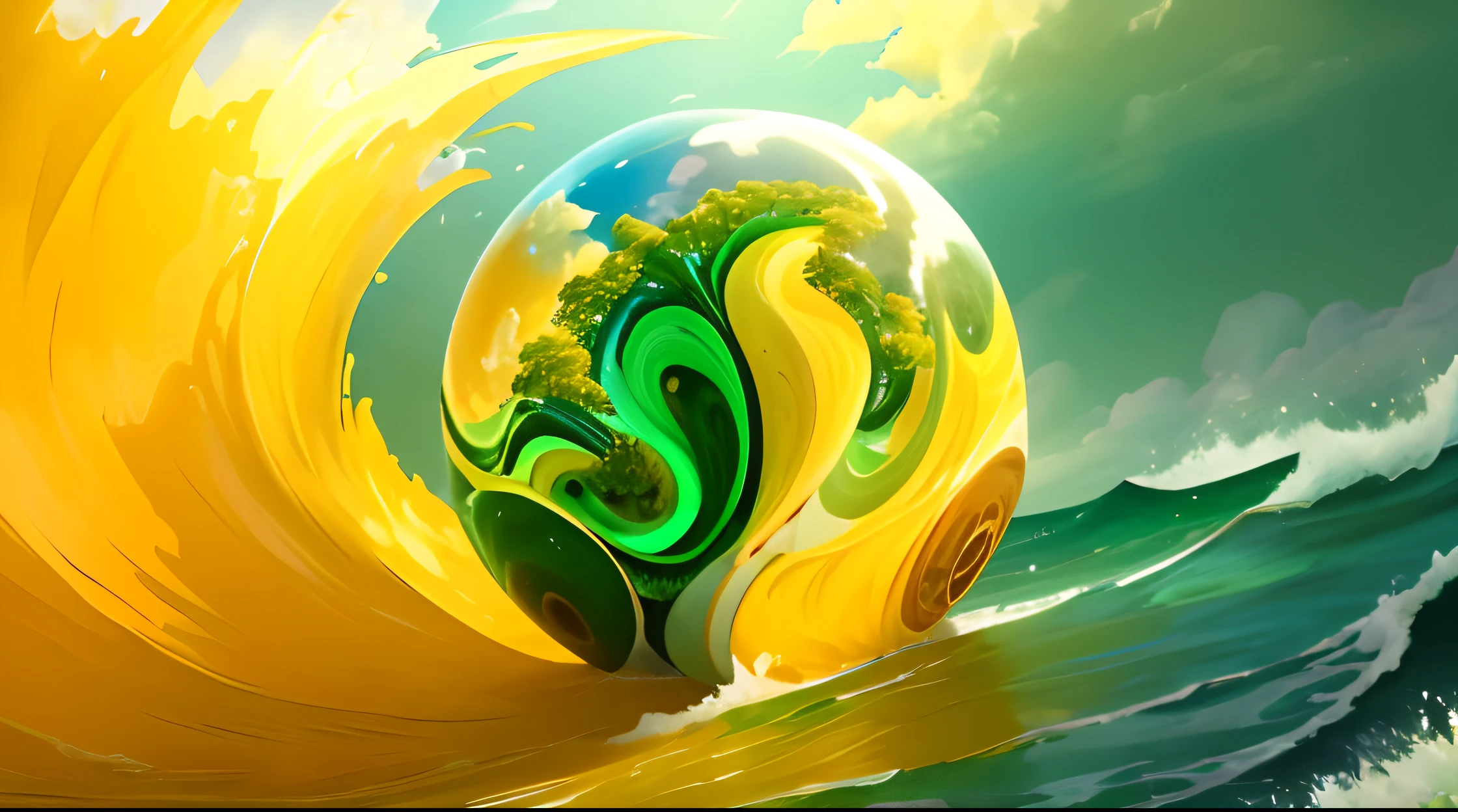 Masterpiece, best quality, very detailed shiny sphere filled with green and yellow colored waves, plants are inside, it’s located in the middle between yellow and blue sea waves, sun and light blue sky are above it