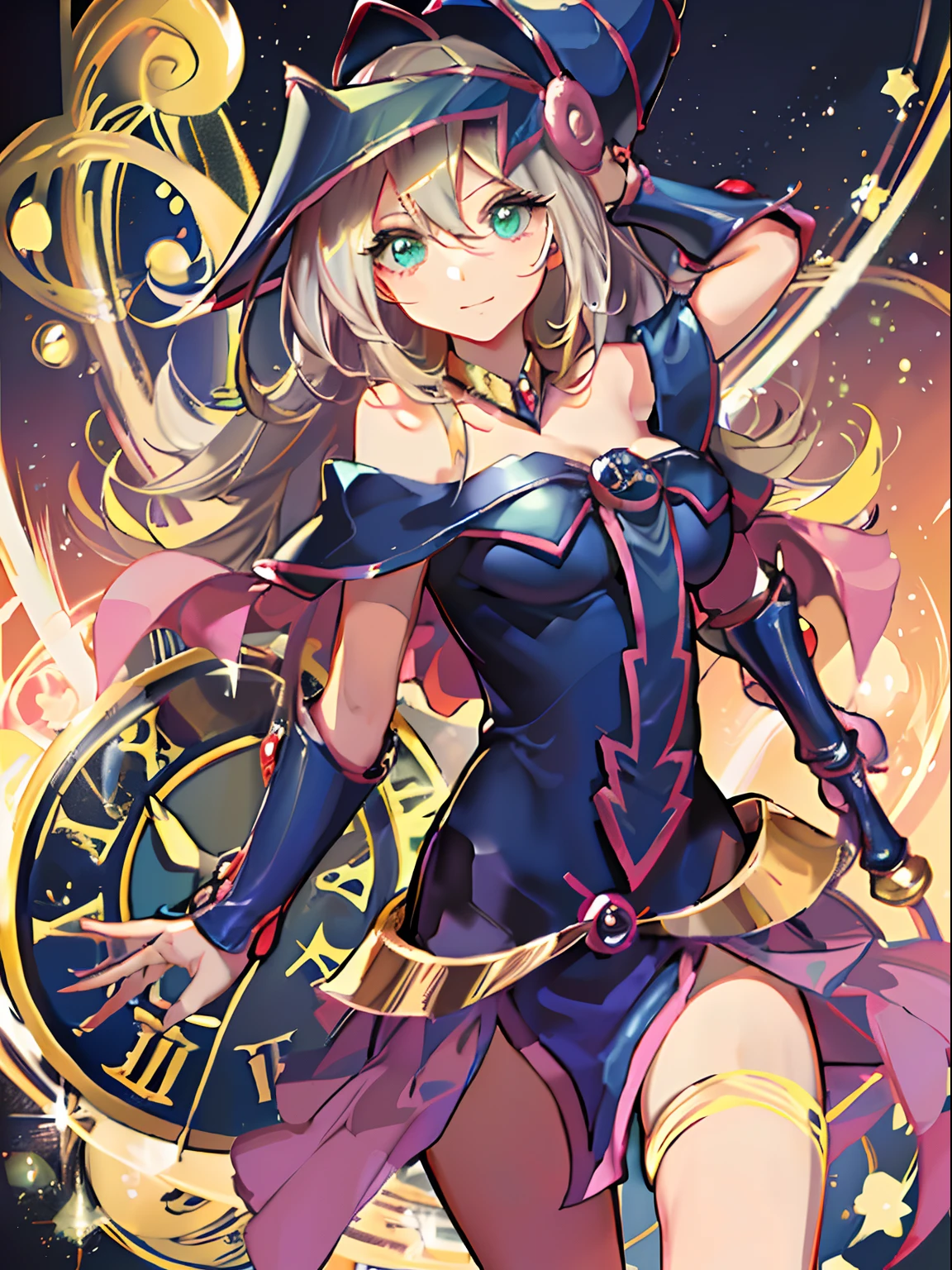 niña dark magician girl, Ropa casual, alas, cielo estrellado, glowworm, De color, sonrisa ligera, Estiramiento del brazo, Mira el visor, Cara detallada, Toma de cuerpo completo, Silueta, 8k, Super detail, destellar, florecer, piel texturizada, curar, La mejor calidad, alta calidad, Altas Resoluciones, Detalles altos, intrincado, absurdos, Anatomically correct, Obra maestra.