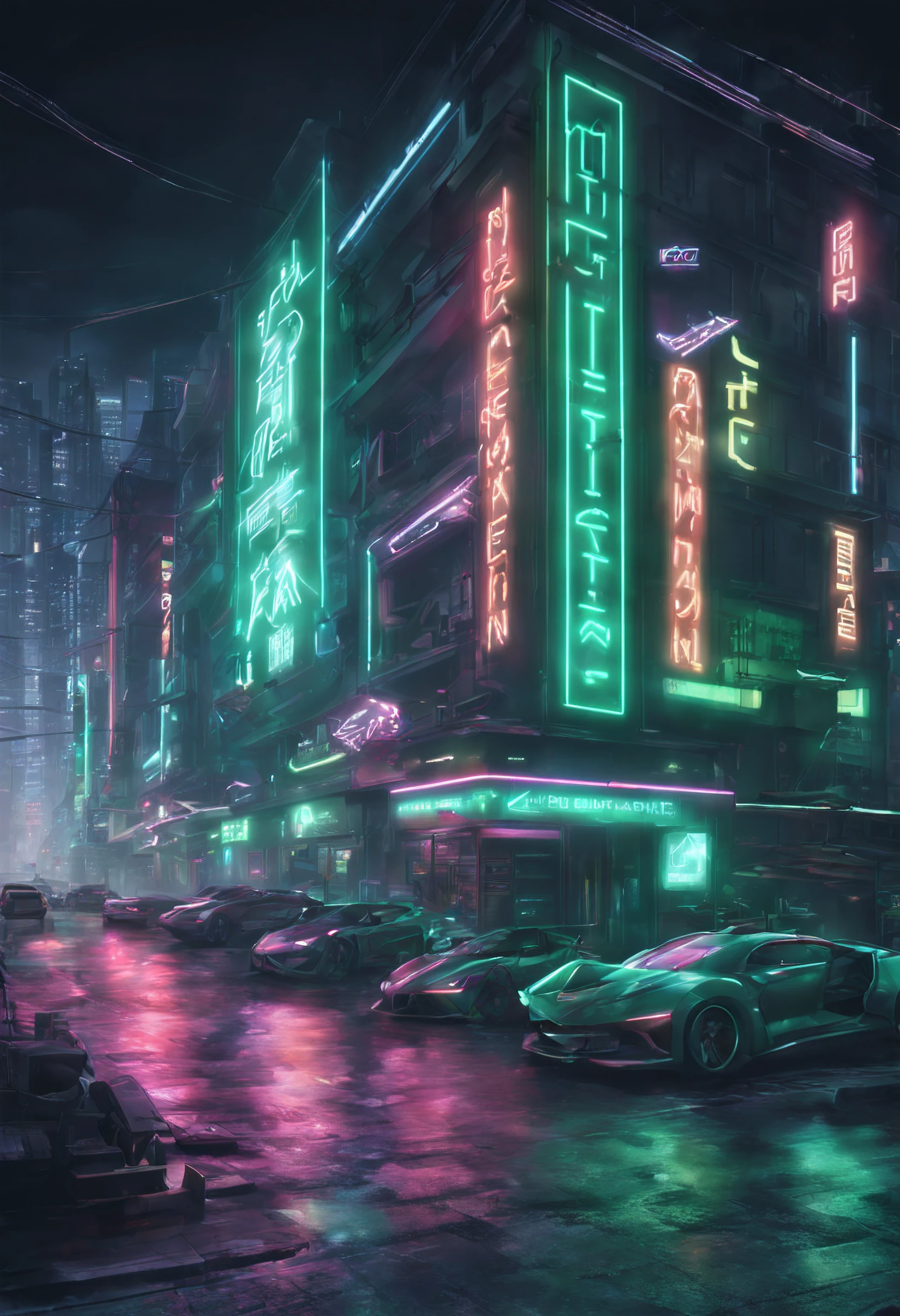 rua cyberpunk de noite com neon verde e carros futuristas, Buildings with realistic illuminated signs, Cinematic Isometric View, 8k, hdr, rgb, highes definition, vetorizado