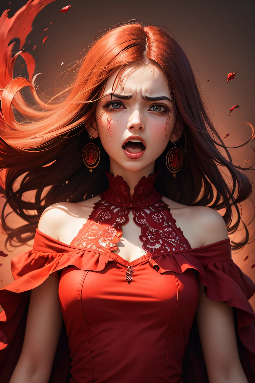 Portrait of women with dress of red colors and background is in chaos and she screams