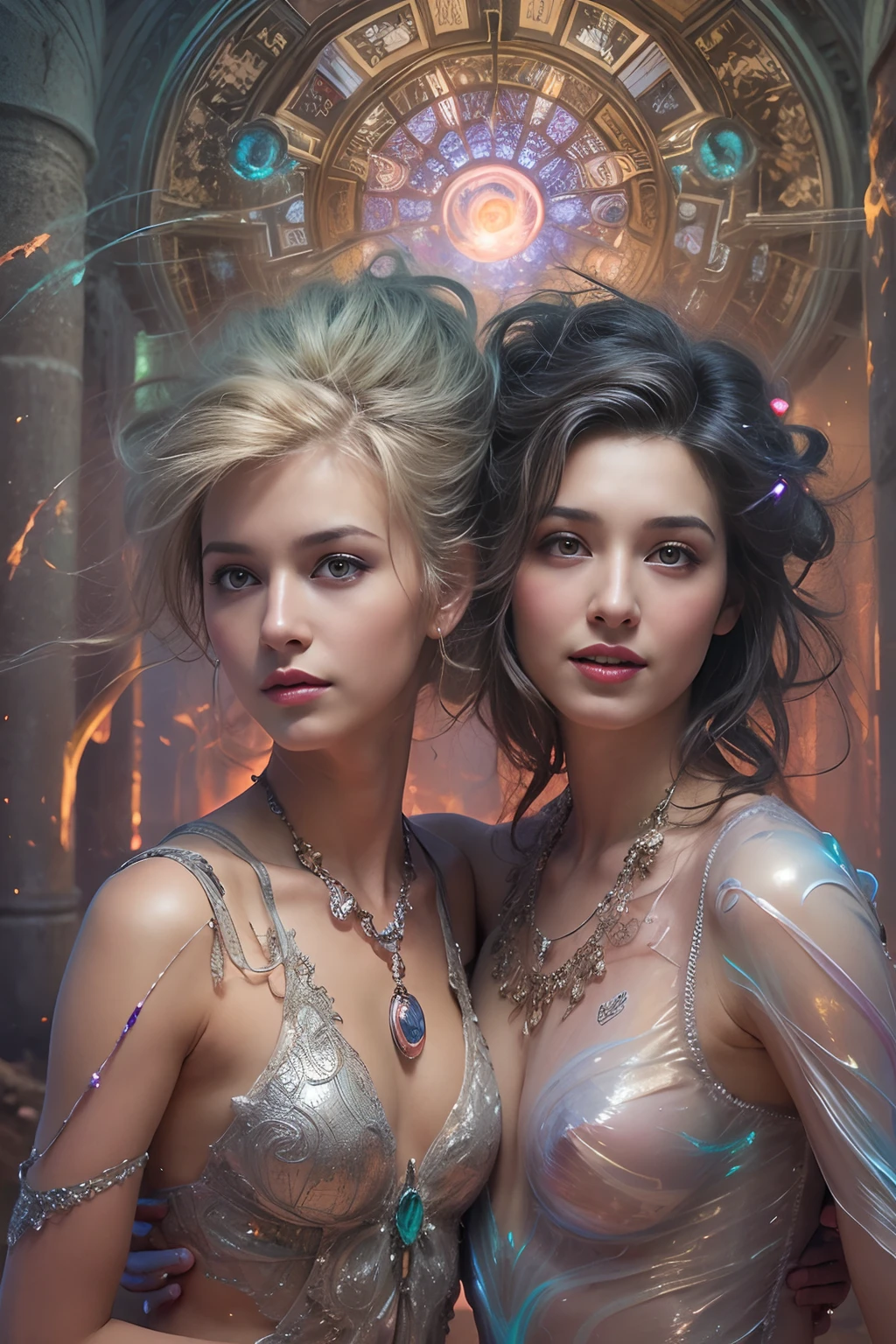 (Two beautiful age italian girls:1.6), Close friends, (They are hugging each other:1.2), Kiss her cheek or chest,(Detailed iridescent bodysuit with beautiful fractal or marble design:1.5)Incredible and spectacular scenes, ((High quality)), ((Detailed)), ((Fantasy)), Blue Plasma Brain, Green Plasma Body, Vulgarity, beutiful breast, (Open legs:1.4), obscenity, (Lewd smile:1.2), coarse, Obscene, mean, (raunchy:1.2), (Immoral:1.2), Lachish, (small breasts with beautiful raised pink areolas,,,:1.5), (Cameltoe), (Expression of ecstasy:1.2), Photorealistic, Official art, unity 8k wall paper, 8K Portrait, Best Quality, Very high resolution, (Incredibly beautiful nature background:1.6), (18 years old:1.5), (Sexy and glamorous:1.1), (A coquettish expression:1.6), (seductively smiling:1.6), (Full body), (erotic posing:1.5), Beautiful seductive face, Portrait, (Thick eyebrows:1.5), (Big purple eyes:1.2), Beautiful eyes with fine symmetry, (Ultra detailed eyes:1.4), (High resolution eyes:1.1), Intimate face, (ultra detailed skin texture:1.4), White skin, pale skin, Perfect Anatomy, Thin, (Beautiful toned body:1.1), Hair Bow, (Moist skin:1.1), full of sweat, No makeup, dark circles, Good anatomy, Focus Face, good-looking, (Emilia Clark:0.6) (Emma watson:0.3),(Jennifer Connelly:0.4), (sensual face:1.5), Elegant face, Nice, Dolce, Blurred back((looks up)), ((Looking down)), (Around her neck is a simple necklace of exquisite workmanship), (Bioluminescence with brilliant brilliance:1.3), (Use fancy flame magic:1.2), (Swirling flames), The Great Temple of the Devil, The Devil's Grand Shrine, great temple, great cathedral, temple ruins, detached temple, (Luminous magic circle), Ruins of an ancient castle, Shining majestic cloud masses and sky, lightning bolt, Epic Realistic, Faded, Art Book, (Greg Rutkowski:0.8), (teal and orange:0.4), (Art Station:1.5), Cinematic, ((Neutral colors)), (nffsw:1.5), (Muted colors:1.2), Hyper Detailed, Dramatic light, (Intricate details:1.1), Complex