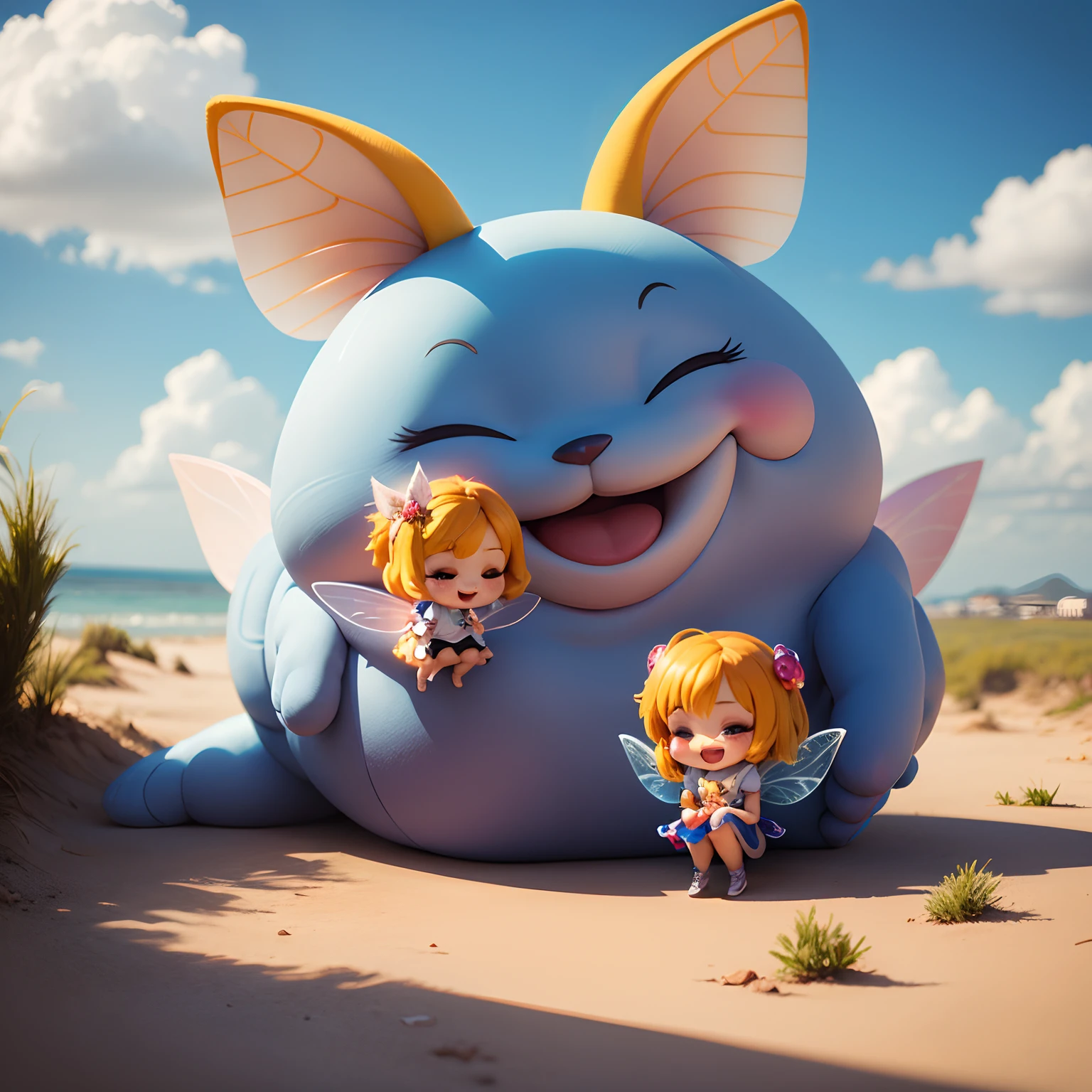 masterpiece、top-quality、ultra-detailliert、(Chibi Chara Fairy:1.2)、tickle,lol,LMAO,XD,big smile,happy fun smile,laugh out loud,vibrant laughing、blue open sky、white clouds、Sit on cotton