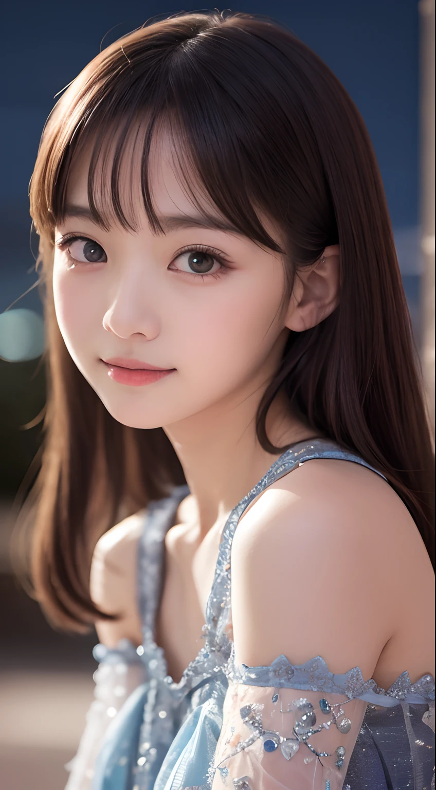 masutepiece, Best Quality, 8K, 8years old, Teen, Raw photo, absurderes, award winning portrait, Smile, Solo, (Night:1.8), Idol face, Delicate girl, Upper body, Digital SLR, Looking at Viewer, Candid, Sophisticated,Thin arms, Professional Lighting, Film grain, chromatic abberation, (Eyes and faces with detailed:1.0), (Bokeh:1.1) , (princess costumes:1.1) , closes mouth , A dark-haired