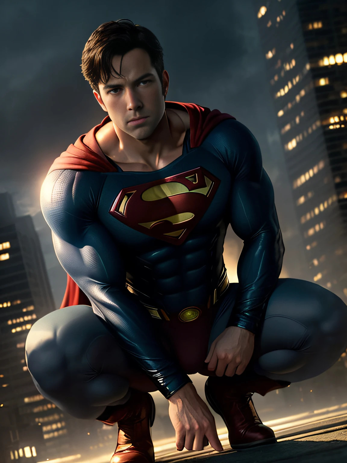 ((Best Quality, 8K, ultra-detailed, Masterpiece: 1.3)), Ben Affleck , no shirt, shiny skin, sharp, Perfect Body Beauty, realistic shaded perfect body, (cute :1.1),("underwear,big bulge ":1.2),(dynamic pose:1.1), thigh , (bulge focus:1.2) ,squatting, Showcase the elegance and sophistication of attire and posture. Introduce a gentle, atmospheric haze in the environment, Illuminate the surroundings with a dynamic, partially obscured light source, such as the sun or cityscape lights, casting soft, diffused light onto his suit and skin. Use a slightly low-angle perspective to make Superman appear larger than life, reinforcing his status as a heroic and sexy icon.