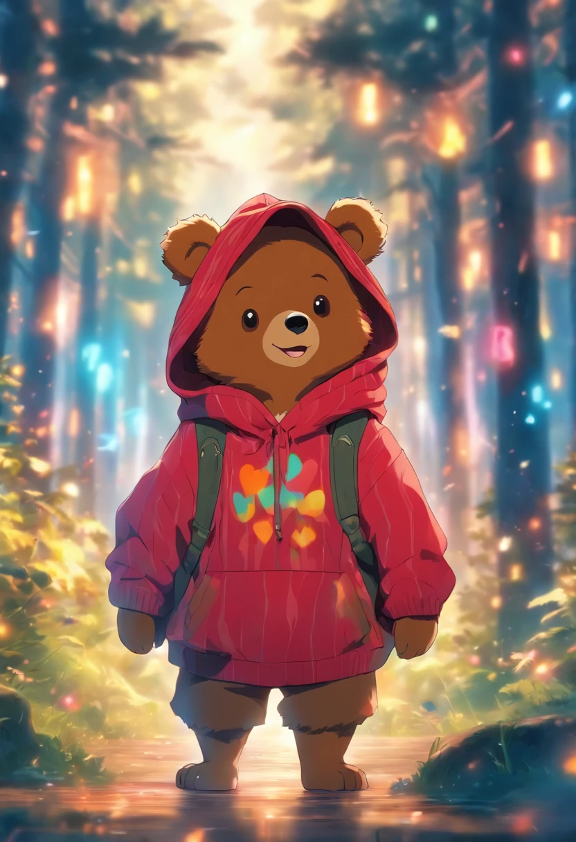 A cute little bear，Wear a stylish sweatshirt，With a hat on，ssmile，Cute action，foreshortening,  Depth of field, Masterpiece, Best quality,ln the forest，Illuminated by soft, Dreamy volumetric lighting. hyper realisitc. perfectquality, Clear focus