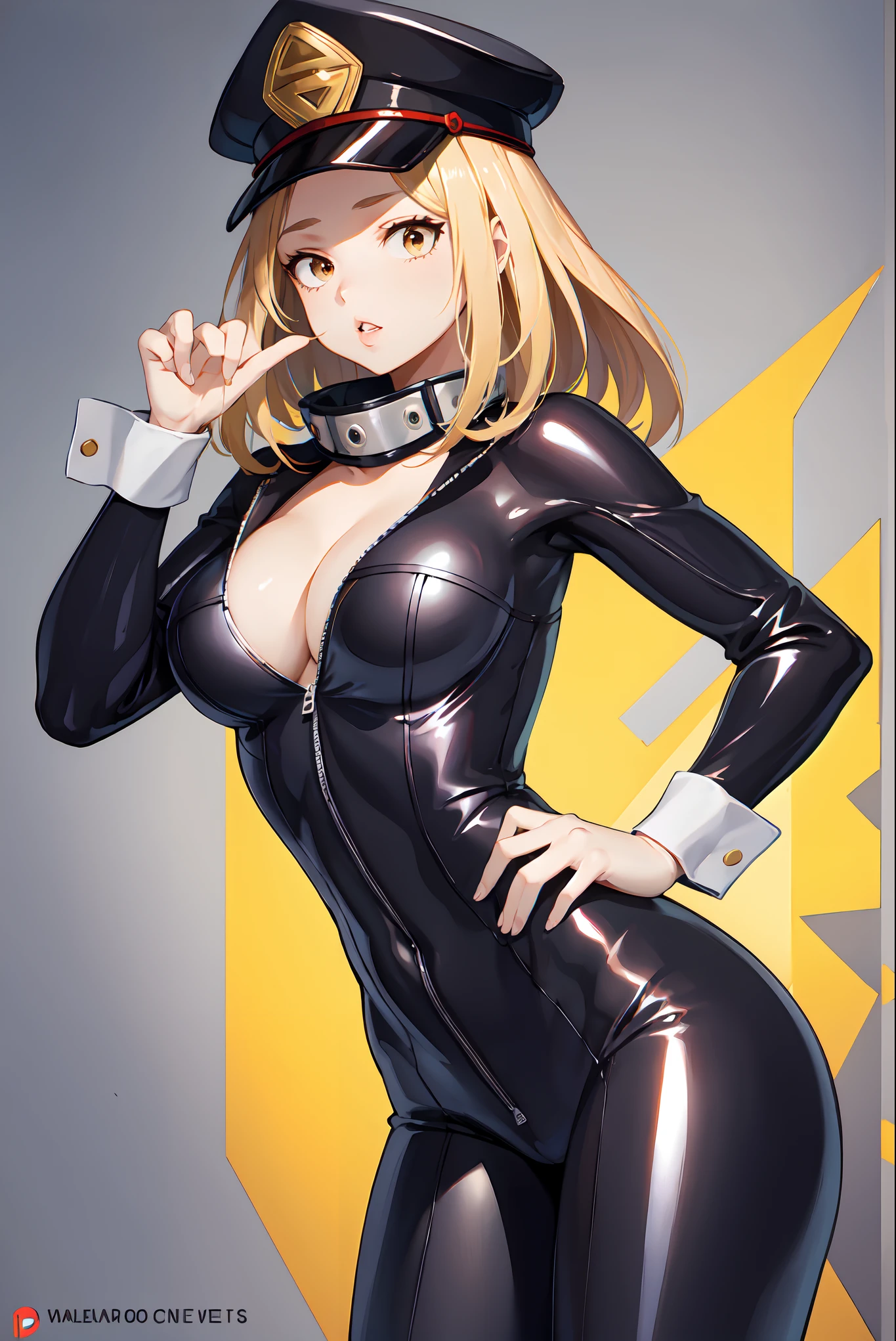 masterpiece, best quality, cowboy shot solo, 1girl, utsushimi camie, thin waist, cleavage, hourglass figure, cap, blonde hair, brown eyes, latex costume