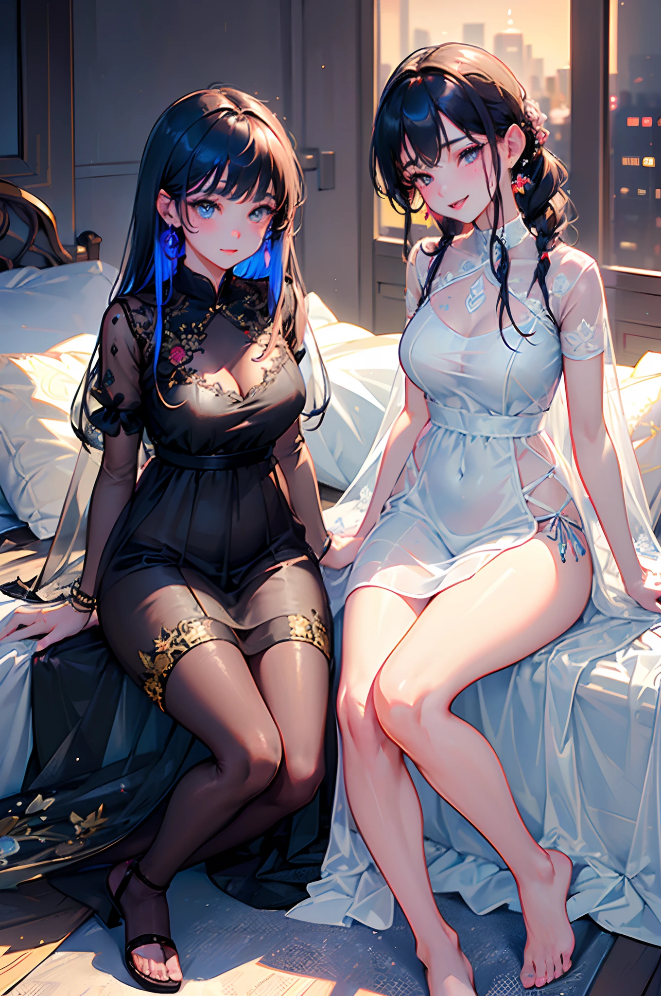(mutiple girls:1.6),(two girls:1.8 kneeling),8k, masterpiece, RAW photograph:1.4, best quality, photorealistic, extremely detailed CG unity 8k wallpaper, Depth of field, Cinematic Light, Lens Flare, Ray tracing, (extremely beautiful face, beautiful lips, beautiful eyes), intricate detail face, ((ultra detailed skin)) 2girls, in the dark, deep shadow, pretty Asian girl, idol, ((looking at viewer)),(big smile:1.3), (cityscape, blurry background), (dim lights, rooftops, veranda), pretty girls, earrings, bracelets, necklace, clear eyes, walking , front shot, (pale skin), faces forward, (big eyes), ((full body shot)), ((silk Laced)), ((see-through colorful embroidery pattern sleep gown:1.3)), (brown hairs) (looking at viewer:1.3), (laced panty), have a sheen , (See through,sleeping gown :1.3,embroidery), veranda