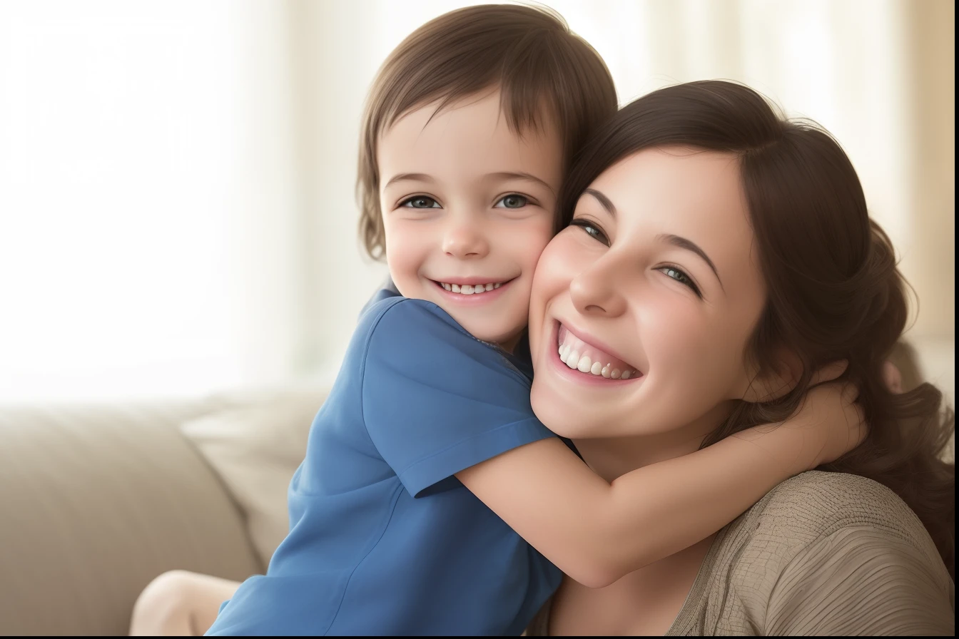 smiling woman and child hugging each other on a couch, with a kid, mom, heartwarming, stock image, istockphoto, children, photo - shot, warm and joyful atmosphere, portrait shot, happy kid, kid, promo image, hug, profile pic, powerful detail, ad image, maternal, with a happy expression, husband wife and son, family friendly, hugging, hd, detail, super hd, ultra detail, 8k