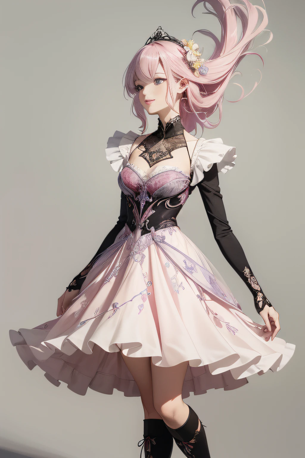 (agnes cecile:1.3), All 5 colors、(reddish、Viola、pink there、amarelo、verdant)、spirals,fantasy creature, Best Quality, Intricate details, Illustration, Painting, watercolor paiting,Loose fluffy、long curled silver hair,Beauty with chubby body、Black Dress、Dutch Angle,Good anatomy),Dynamic Pose, actionpose, open pose, Dynamic Angle,(Evere_Smile:1.2), Detailed layered skirt、Art Nouveau fashion embroidery、intricate detailes、Mesh Wire、barroco、vivd colour,