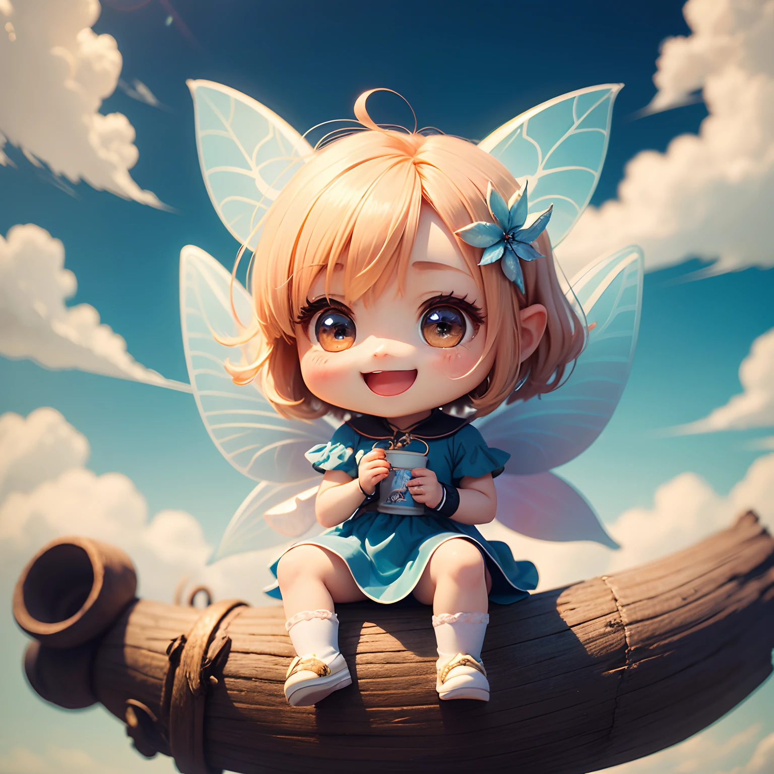 ​masterpiece、top-quality、ultra-detailliert、(Chibi Chara Fairy:1.2)、tickle,laughingly,nffsw,nffsw,Big smile,Happy happy smile,Laugh aloud,Lively laughter、blue open sky、white clouds、Sit on cotton