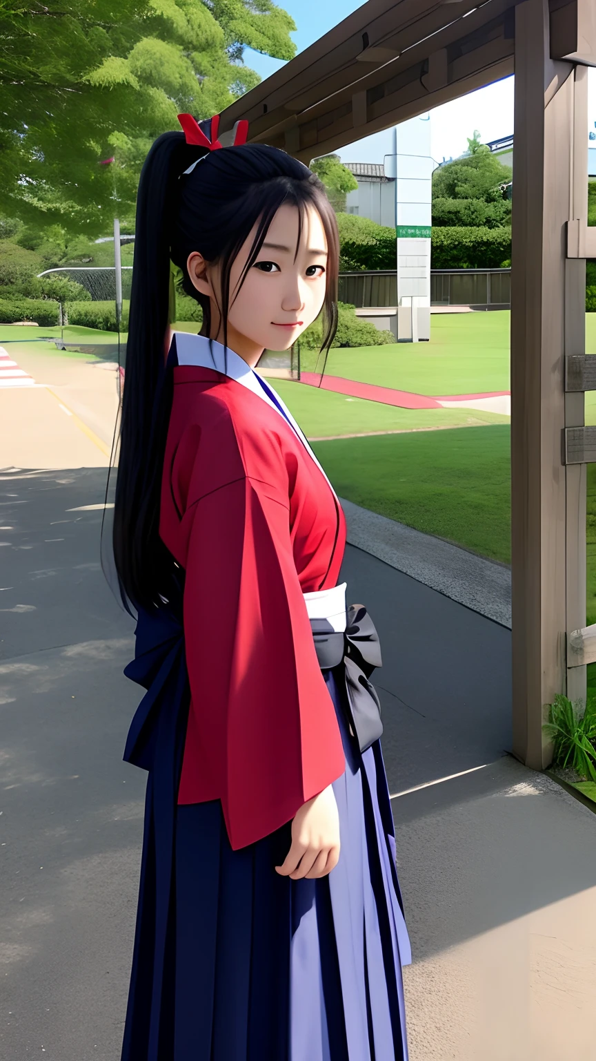 modeled:ChillOutMIX、In front of the school gate、springtime、、hakama、poneyTail、big red ribbon