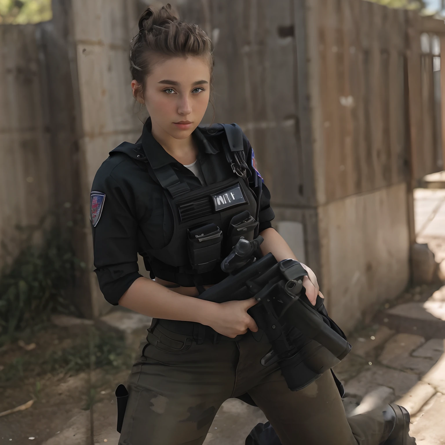 RAW photo, Fadeev , full bodyesbian, Natural skin, 8K  UHD, High quality, filmgrain, Hair in a bun, skintight jeans，American police uniform, battlefiled，Tactical moves，Aim and shoot