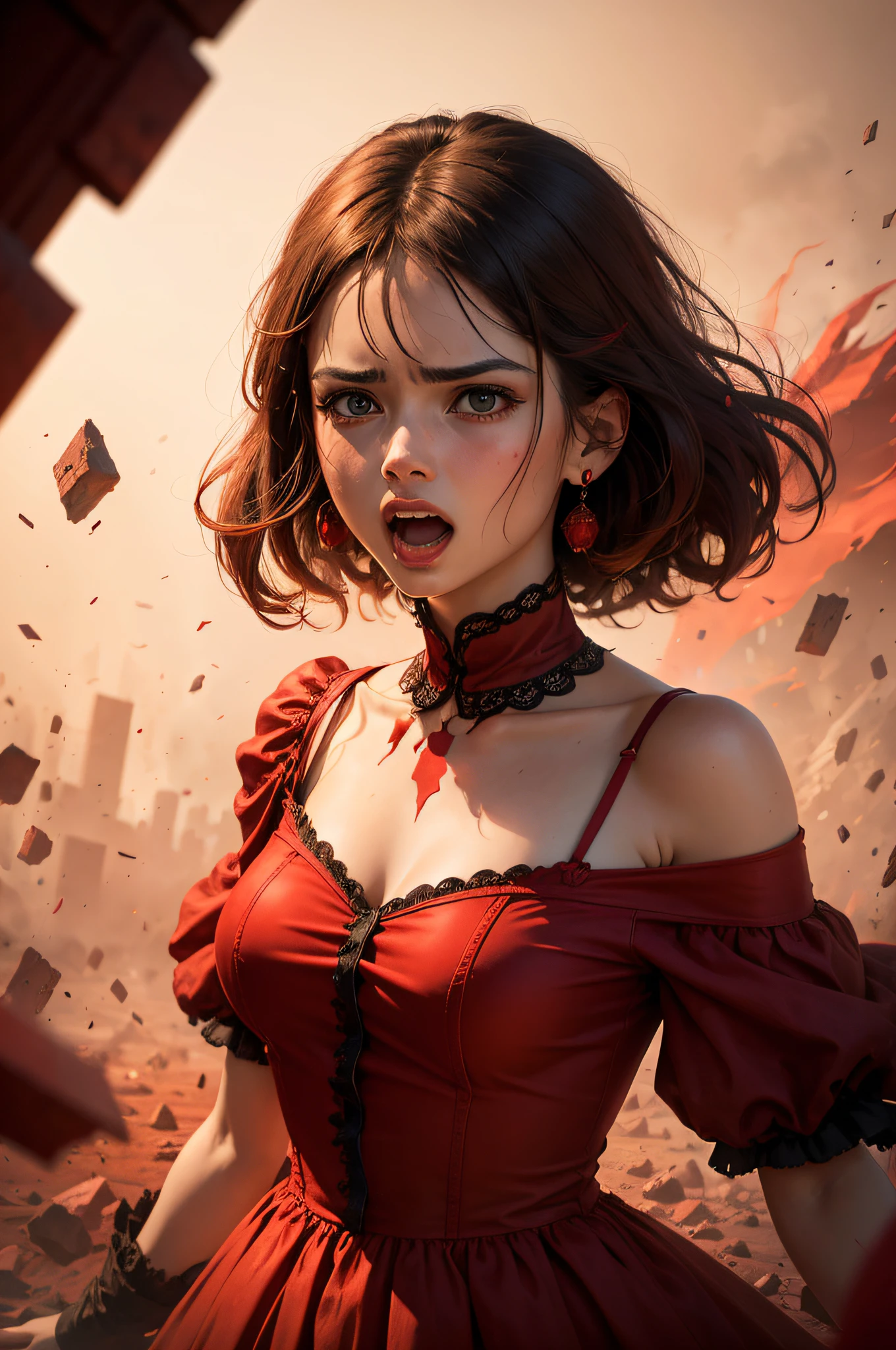 Portrait of women with dress of red colors and background is in chaos and she screams