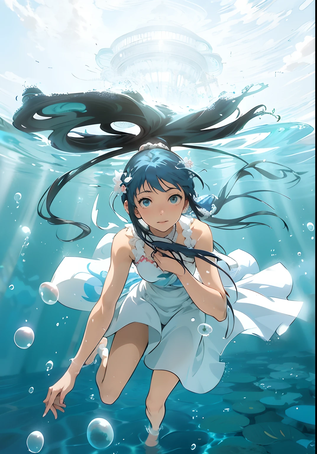 A woman in a white dress floats in the water, Anime girl walking on water, wallpaper anime blue water, jellyfish shrine maiden, ethereal anime, jellyfish shrine maiden 8k, anime visual of a young woman, anime visual of a cute girl, ikki tousen, anime still film anime shikishi, haibane renmei, shuushuu anime image