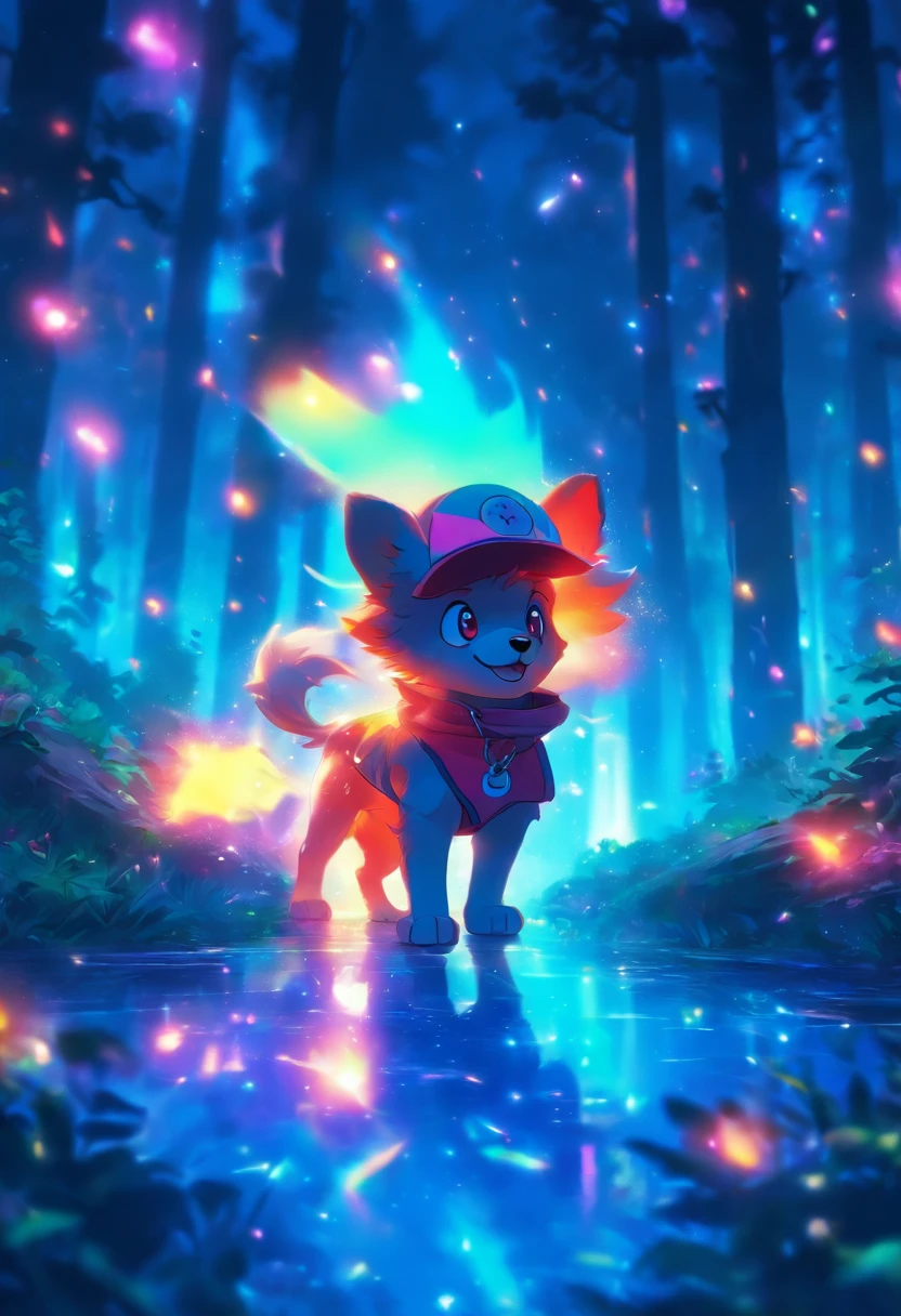 A fierce little dog，Wear a stylish sweatshirt，With a hat on，ssmile，Cute action，foreshortening, Depth of field, Masterpiece, Best quality,ln the forest，Illuminated by soft, Dreamy volumetric lighting. hyper realisitc. perfectquality, Clear focus