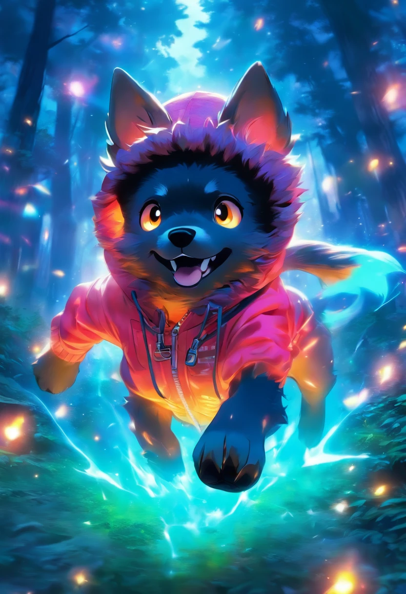 A fierce little dog，Wear a stylish sweatshirt，With a hat on，ssmile，Cute action，foreshortening, Depth of field, Masterpiece, Best quality,ln the forest，Illuminated by soft, Dreamy volumetric lighting. hyper realisitc. perfectquality, Clear focus