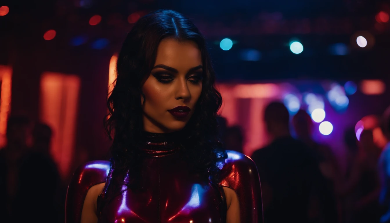 woman dressed in latex leotard standing (upper body) in a club at night, people dancing in the club as background, ultra detailed, cinematic cyberpunk, cyberpunk aesthetic.