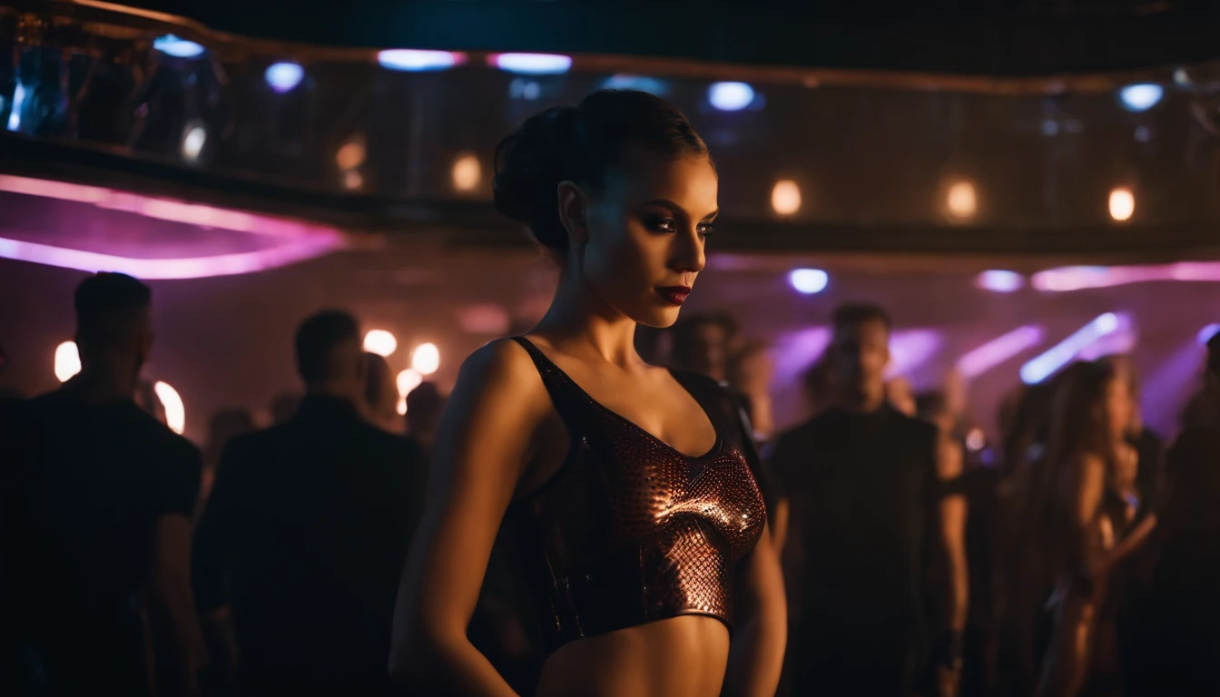 (high definition), fit into picture, morena baccarin from behind, (((nude))), (in center), bdsm, firm high breast, (((gourgeous nude ass))), (leash), slave, (((handcuffs))), stage at carnevale, (pale), (short bobcut hair), (((bangs))), slave collar, (purple bow in hair),