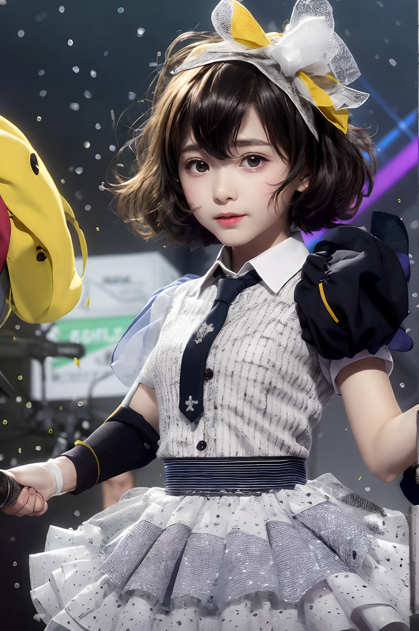 Smile, Junon Bee, multicolored skin, seam, patchwork skin,Patchwork_skin, zombie, Junon Bee 1 Girl, Solo, microphone, gloves, Idol, white_gloves, Skirt, Short_sleeves, Holding_microphone, Rain, Holding, Open_Mouth, up looking_で_viewer, bow ribbon, neck tie, pleats_Skirt, Shirt, puffies_Short_sleeves, puffies_sleeves, Black_Background, blush, cowboys_shot, greys_Skirt, Singing, outstretched_arms are, Dress, It features a simple_Background, white_Skirt, Standing, Collared_Shirt, Music, from a_Side, Jacket, foreshortening, Reaching_towards_viewer, greys_neck tie, white_Shirt, The upper part of the body_Body, Miniskirt, Blurry, Idol_Clothes, :o