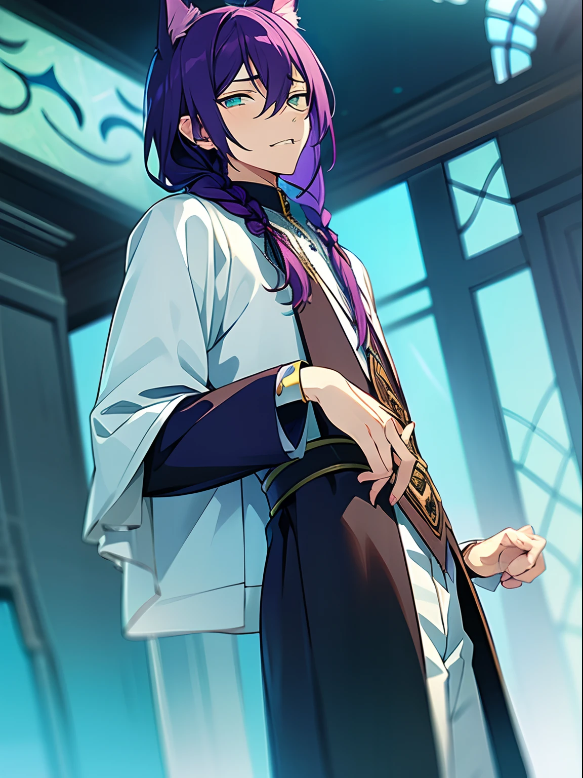 Masterpiece, perfect face, best quality, highest quality, perfect face, beautiful boy, mayoi ayase, dark purple hair, sharp teeth, creepy, turquoise eyes, mole, awkward, anxious, shy, catboy, cat ears, sharp eyes, pale skin, creepy anime boy, handsome, small eyes, thin eyes, tall, gaunt, tall anime boy, 1boy, handsome anime man, low angle, braid over shoulder, looking down at viewer, viewed from below, one braid, male character, male