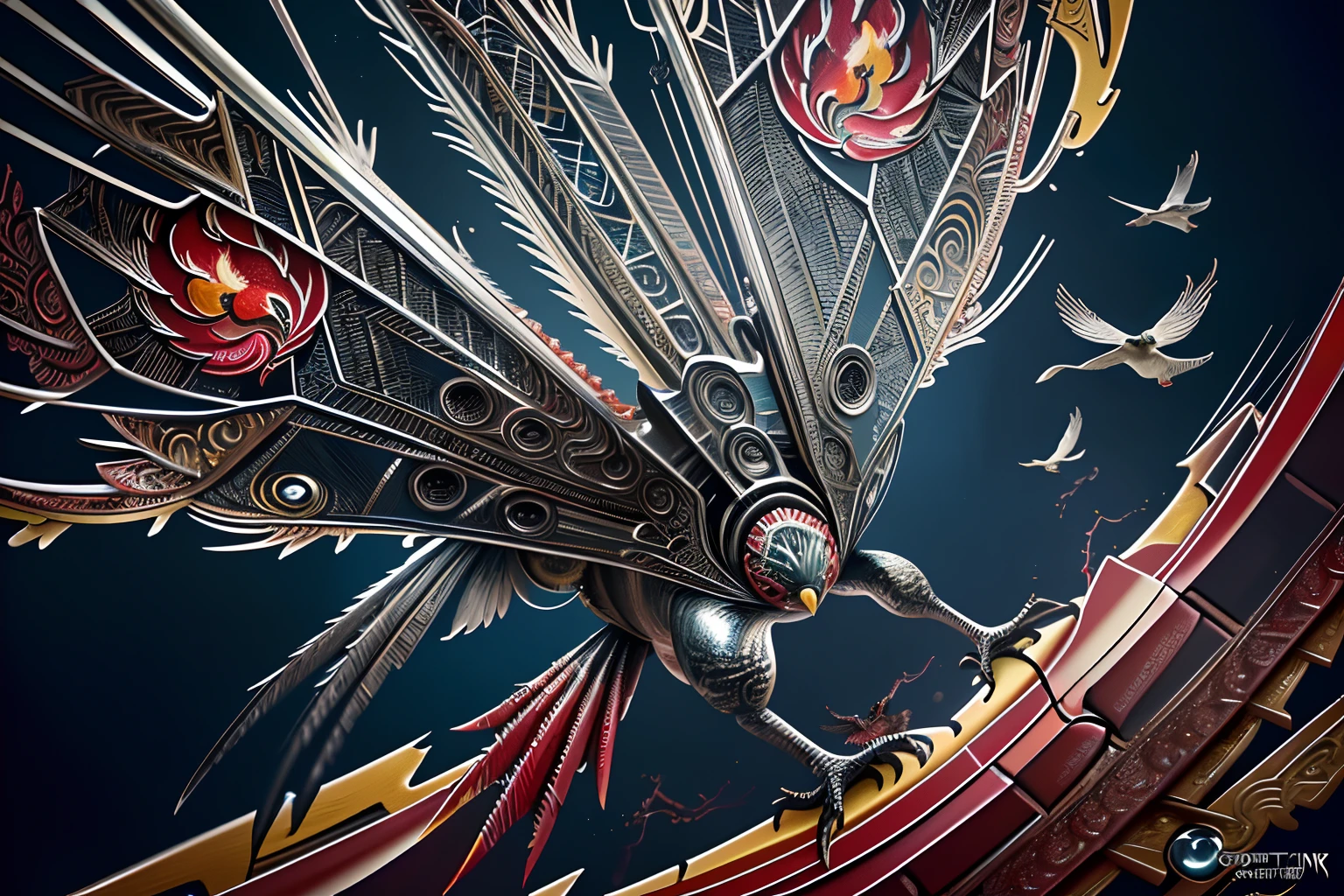 (((intricate insane detail oil paint of include mechanical single bird illustration:1.4))), (((red Chinese phoenix inspiration))), flash effect, swirling vortexes with smoke speed line,cyborg bird, know, ((silver and red and blue metallic mechanic texture:1.2)), rich colors, ((half glass and gear coating:1.3)), weapon is mechanical-claw, bird wing of blade, ((gliding pose:1.1)), from front, go through black hole background, symmetrical body, (((mechanical of full-body and 2 bird legs with 3 claws:1.3))), (intricate beautiful glow details:1.3), (intricate detailed:1.1), (extremely insane details:1.3), highly quality, high resolution, tonal with high contrast, cinematic lighting, beauty beauty, myth, elegance, grace, perfect bird anatomy, holography style, holographic rendering,