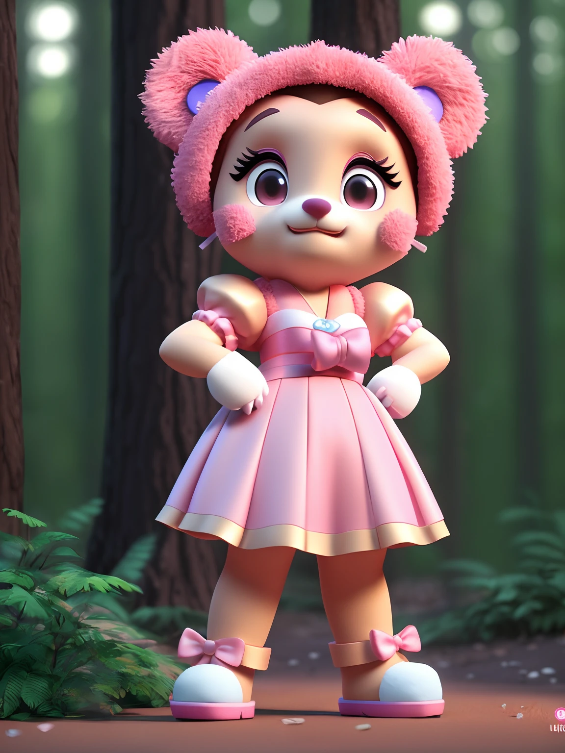 A teddy bear lady in a pink dress stands in the woods, 3D model of a Japanese mascot, Maya 8 K, anime lush john 8k woods, 3 d character, 3d character, Diego 5, 3D model Pixar rendering, an animated character, 3 d character render, Fanart, movie character, rendered in maya, mischievous look :: rendering by octane