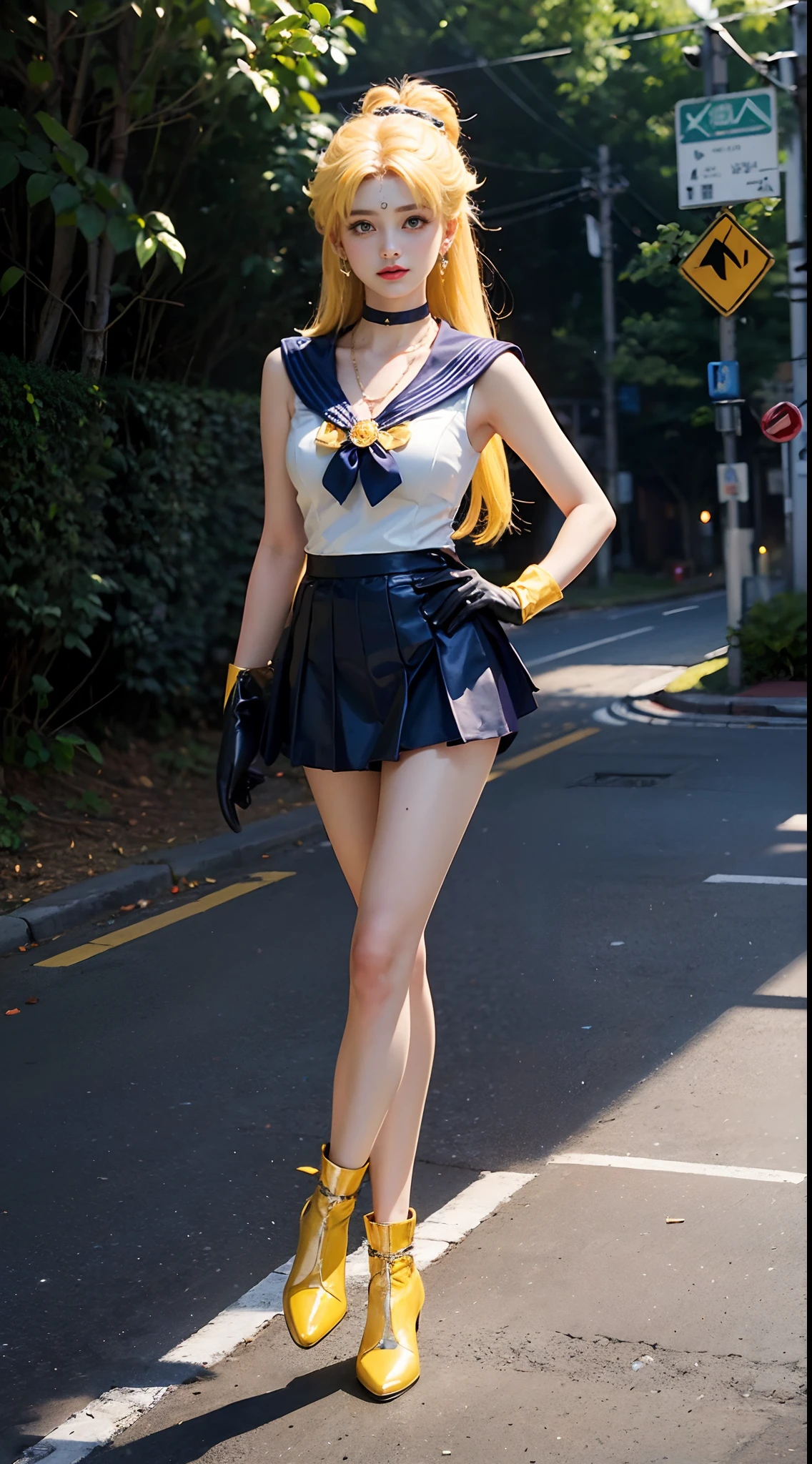 ((​masterpiece:1.4)、(top-quality:1.4)、(reallistic:1.7))、masuter piece:1.4、a beauty girl、(Sailor Moon:1.4)、Tsukino Usagi、Body Fit Sexy Sailor Senshi Uniform、(latex shiny)、(The jacket is a white sleeveless sailor suit)、(Skirt is blue sexy ultra ultra mini skirt)、The collar of the sailor suit is blue with two thin lines.、high leg swimsuit、Red cloth ornament at chest、(Wearing white gloves)、Kawaii Girl、Super beauty、foco nítido、Portrait photos、Upper body photography:1.4、beautiful countenance、beautidful eyes、Narrow waist、(Yellow hair:1.4)、(length hair:1.2)、Raw photo、red-lips、Red high heels:1.4、a choker:1.4、a necklace:1.4、耳Nipple Ring:1.4、Luxurious golden tiara on forehead:1.4、1 screen display、Outdoor landscape