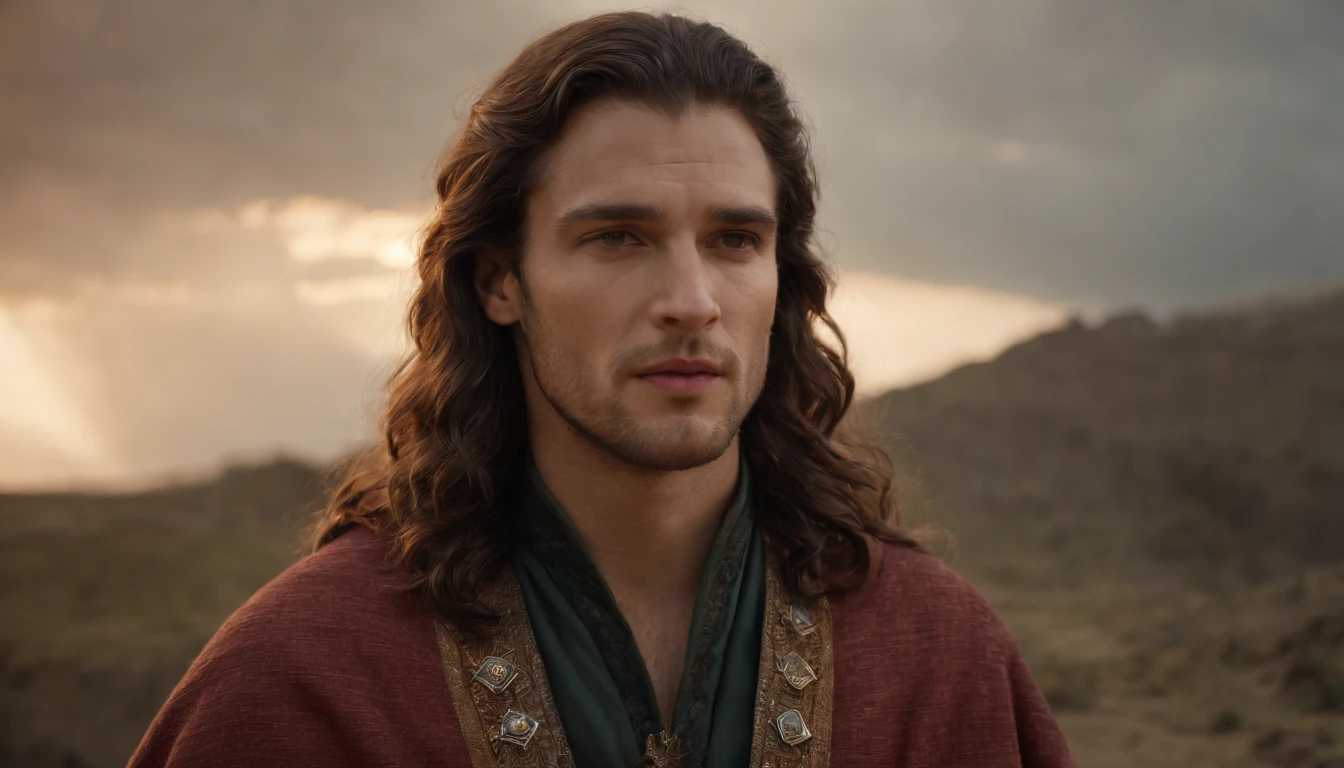 "In a moment of crisis, King David consults the wise prophet Gad to seek divine guidance. Their conversation unfolds in a sacred, candlelit chamber, where the fate of the kingdom hangs in the balance, and decisions of great consequence are made."