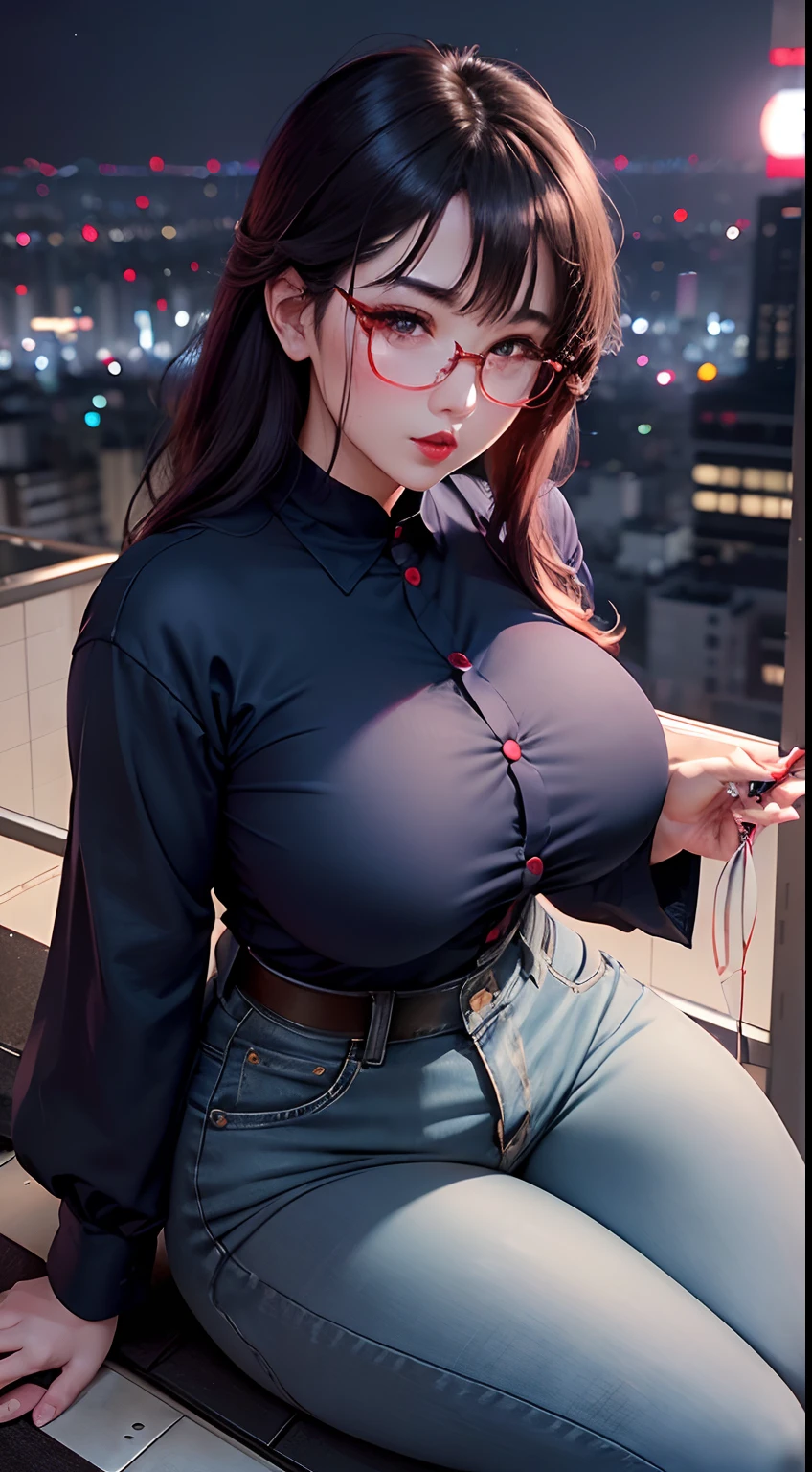 Japanese ido ((A MILF)) A dark-haired ((eye glass)) bright red lips Navy blue button shirt Blue Denim Pants bbw Flushed cheeks ((The rooftop of a high-rise building with a beautiful night view of Tokyo)) Portrait Looking at the camera ((Dressing)) Sultry and sweaty shiny face Sitting barefoot Glossy lips Duck mouth Ai Shinozaki Big moon in the background Best Quality masterpiece