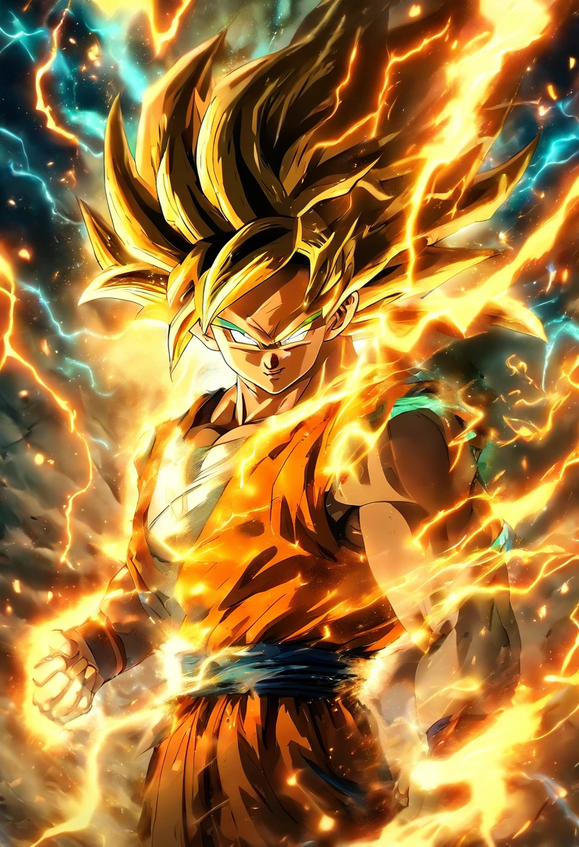 ((master part)), (extremely high quality))), (Folha de design de personagem, Traje Nacional, Mesmo personagem, frente, lado, back), illustration, goku, corpo inteiro, cabelos prateados, pelos dos olhos, Olhos bonitos, corte princesa, Lightning and fire storm scenery, Dragons in the background, (fundo com raios) ( master part:1.2), (best quality:1.3)