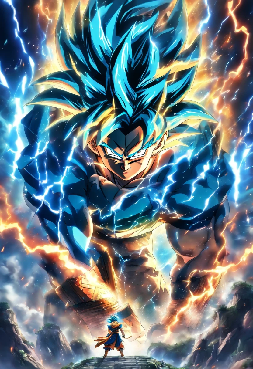 ((master part)), (extremely high quality))), (Folha de design de personagem, Traje Nacional, Mesmo personagem, frente, lado, back), illustration, goku, corpo inteiro, cabelos prateados, pelos dos olhos, Olhos bonitos, corte princesa, Lightning and fire storm scenery, Dragons in the background, (fundo com raios) ( master part:1.2), (best quality:1.3)