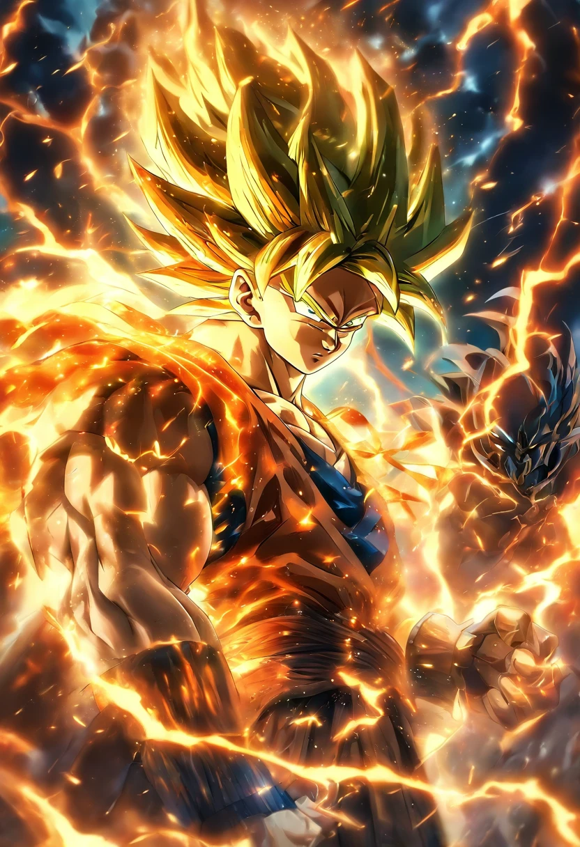 ((master part)), (extremely high quality))), (Folha de design de personagem, Traje Nacional, Mesmo personagem, frente, lado, back), illustration, goku, corpo inteiro, cabelos prateados, pelos dos olhos, Olhos bonitos, corte princesa, Lightning and fire storm scenery, Dragons in the background, (fundo com raios) ( master part:1.2), (best quality:1.3)